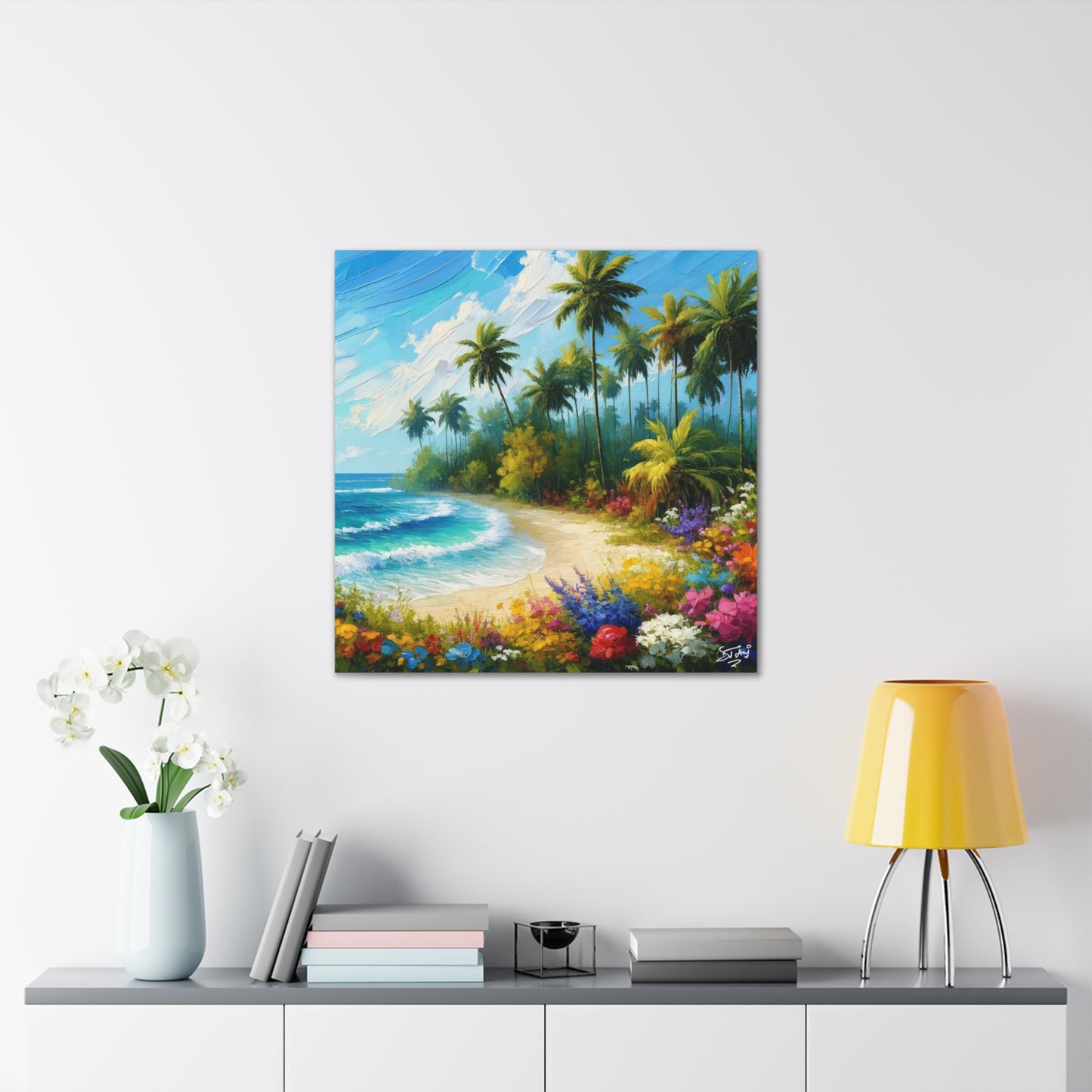 Art Print of Caribbean Beach Scene, Abstract, Oil Painting, West Indian Art, Canvas Gallery Wraps