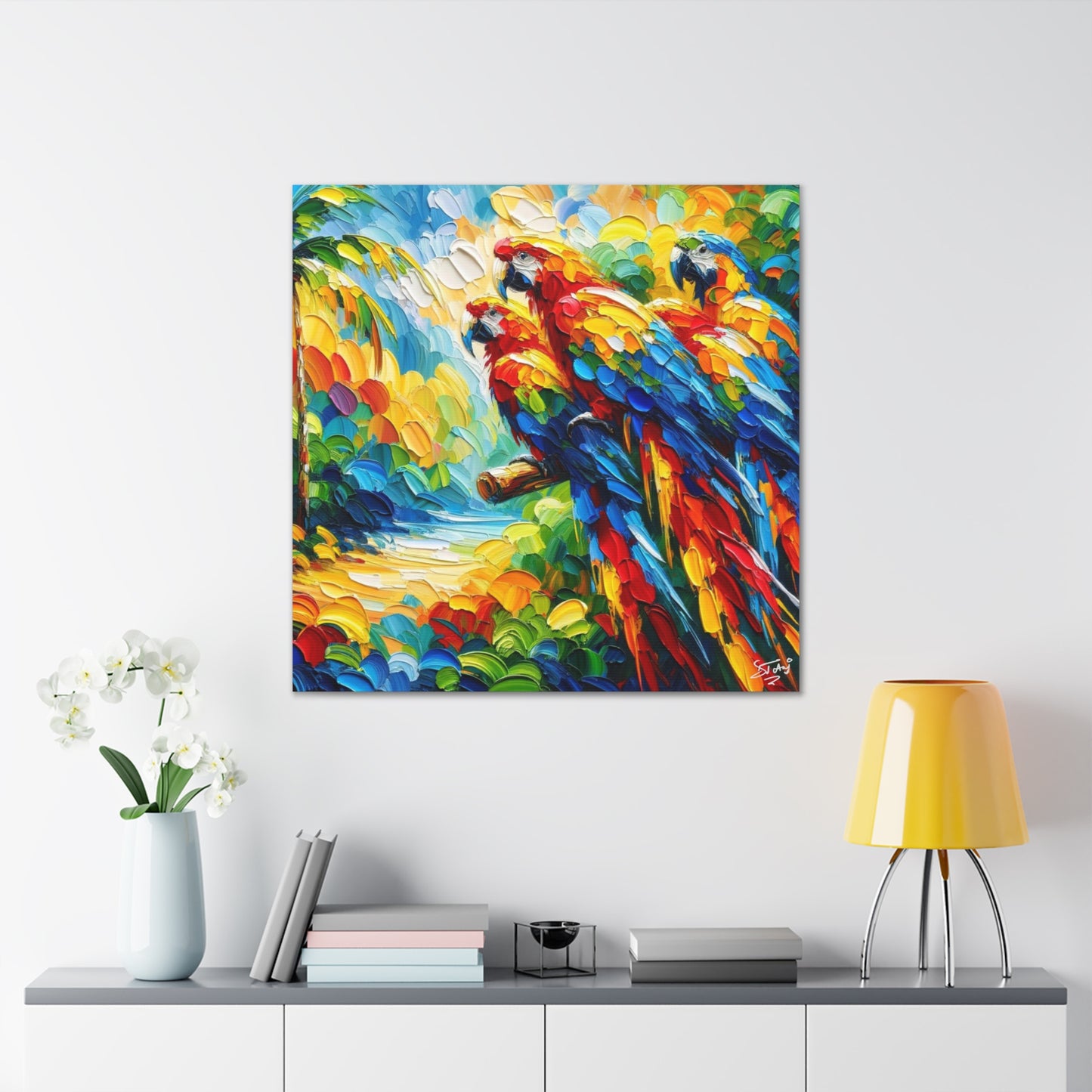 Art Print, The Parrots, Oil Finish, Caribbean Nature, Cultural, Heritage, Semi-Abstract, Canvas Gallery Wrap