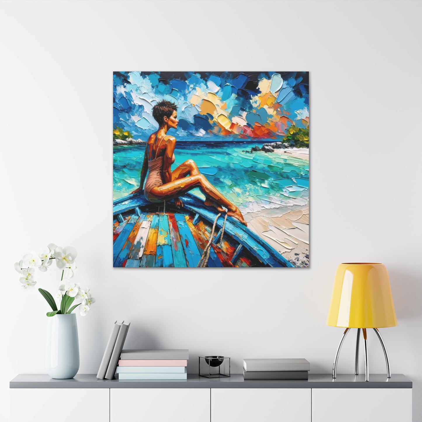 Art Print, Caribbean Woman "Chilling in the Boat" Oil Finish, West Indian Ethnicity, Cultural, Heritage, Semi-Abstract, Canvas Gallery Wrap