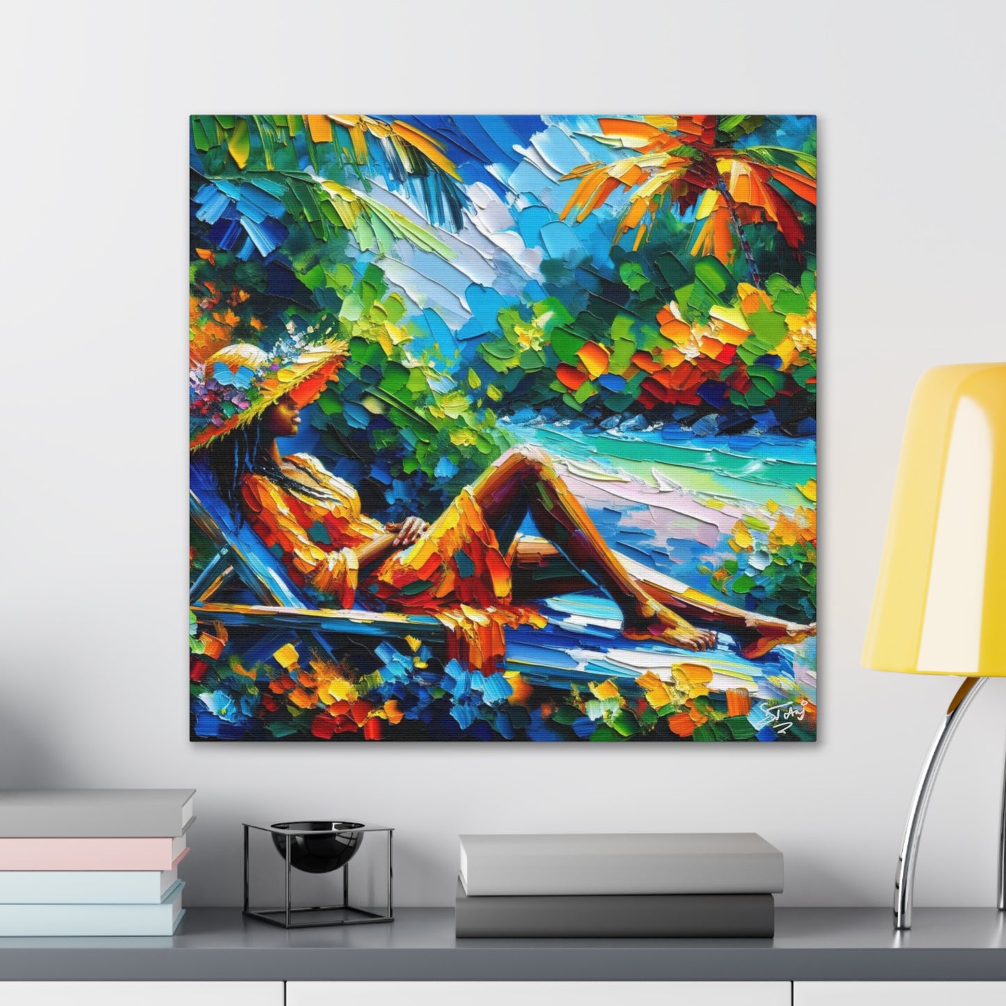 Art Print, Afro-Caribbean Woman, "Relaxing" Oil Finish, West Indian Ethnicity, Cultural, Heritage, Abstract, Canvas Gallery Wrap