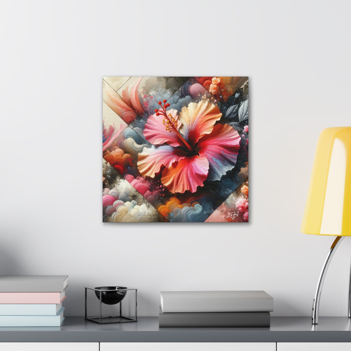 Oil Print of a Pink Hibiscus Flower, Close-up View, Semi-abstract, Caribbean, Vibrant Vivid Colors, Canvas Gallery Wraps