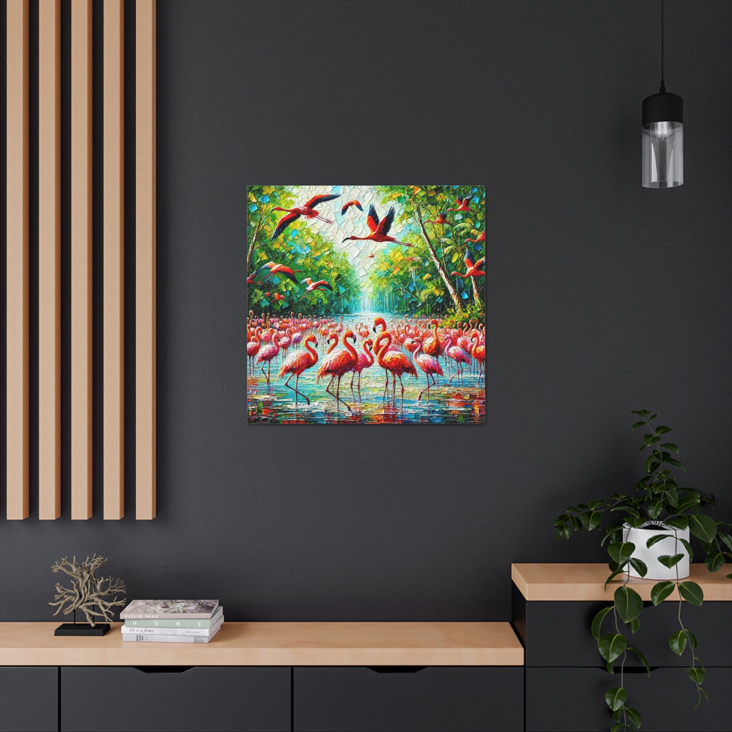 Art Print, Scarlet Ibises & Flamingos in Their Natural Mangrove Habitat in Trinidad and Tobago, Caribbean, West Indian Art, Canvas Gallery Wraps