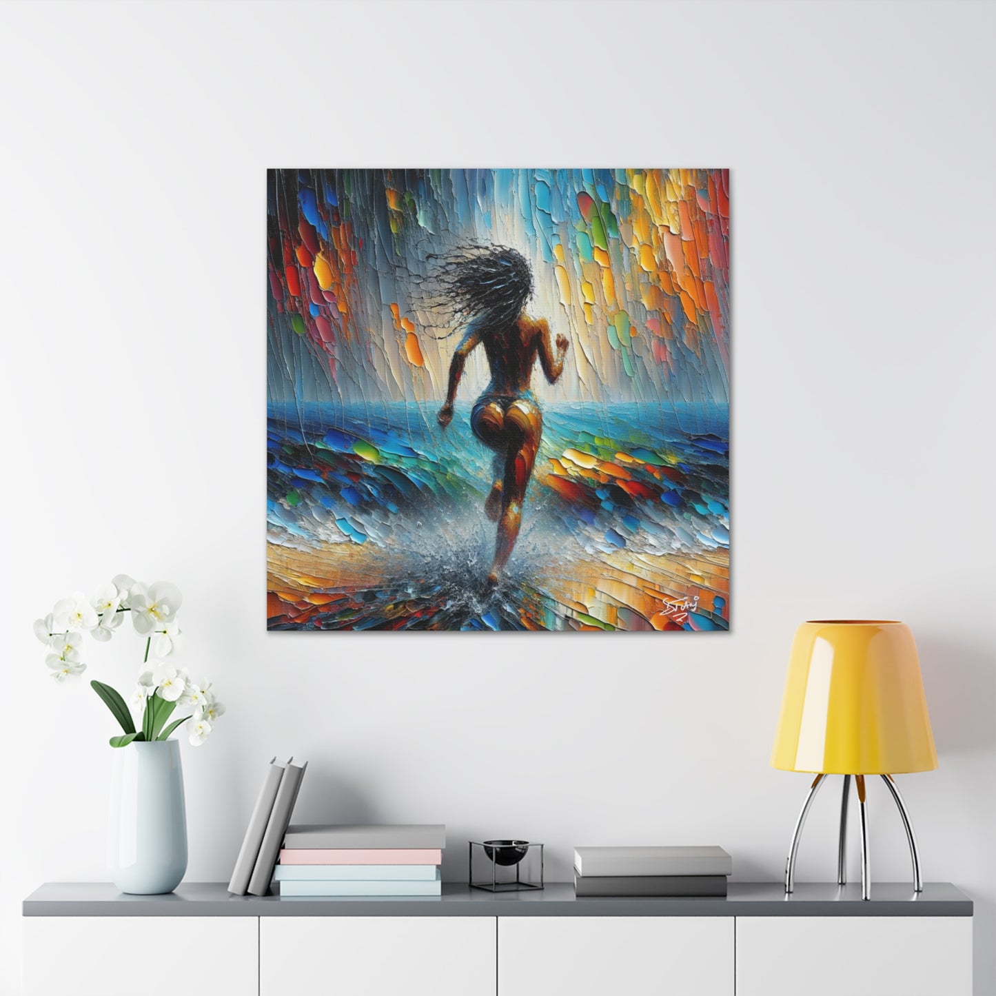 Art Print, Dougla Woman "Running Into the Storm" Oil Finish, West Indian Ethnicity, Cultural, Heritage, Semi-Abstract, Canvas Gallery Wrap