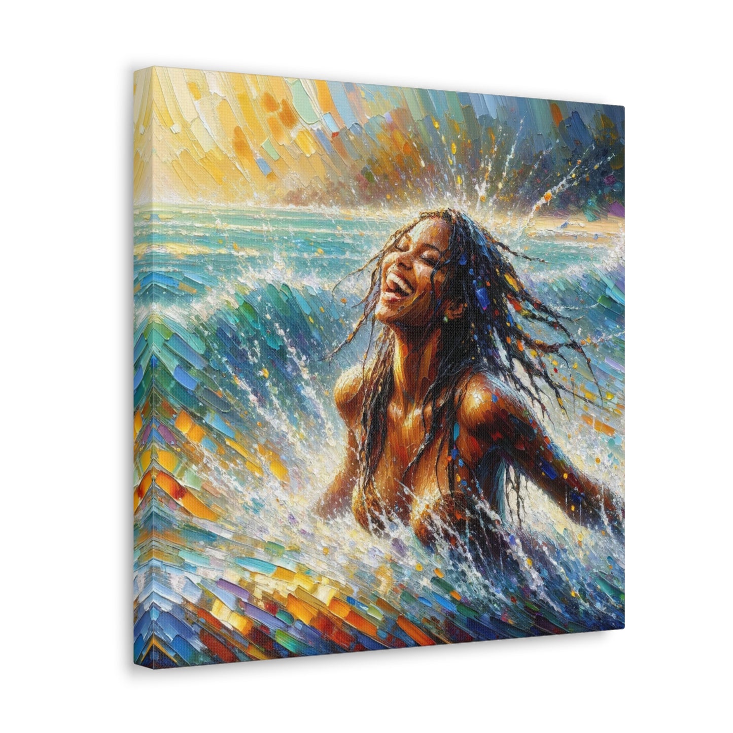 Art Print#4 of Dougla Woman's Exhilaration Captured - Joy, Laughter, Color, Caribbean Sea, Oil Finish, West Indian Art, Canvas Gallery Wraps