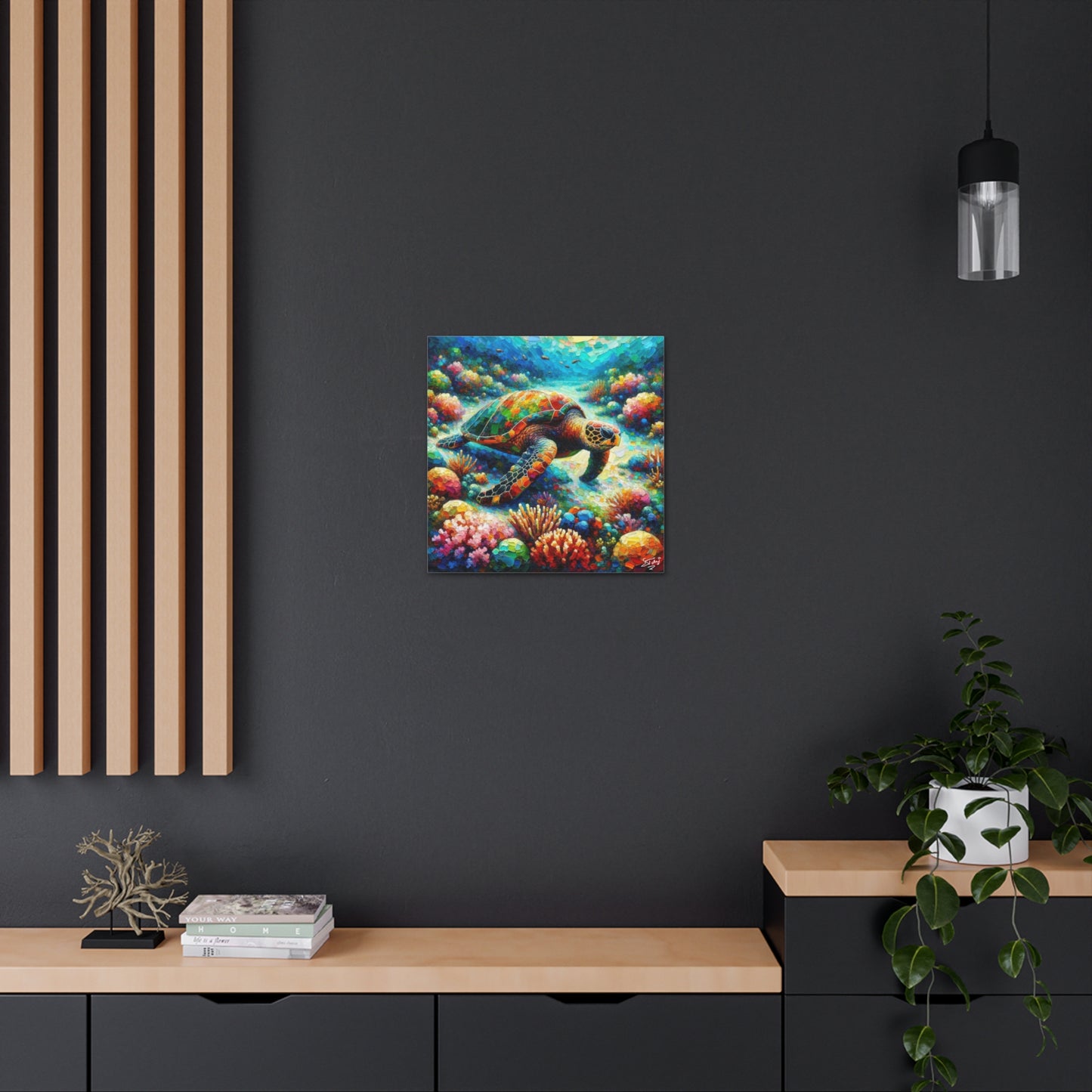 Art Print, Turtle in Reef, Oil Finish, Caribbean Nature, Cultural, Heritage, Semi-Abstract, Canvas Gallery Wrap