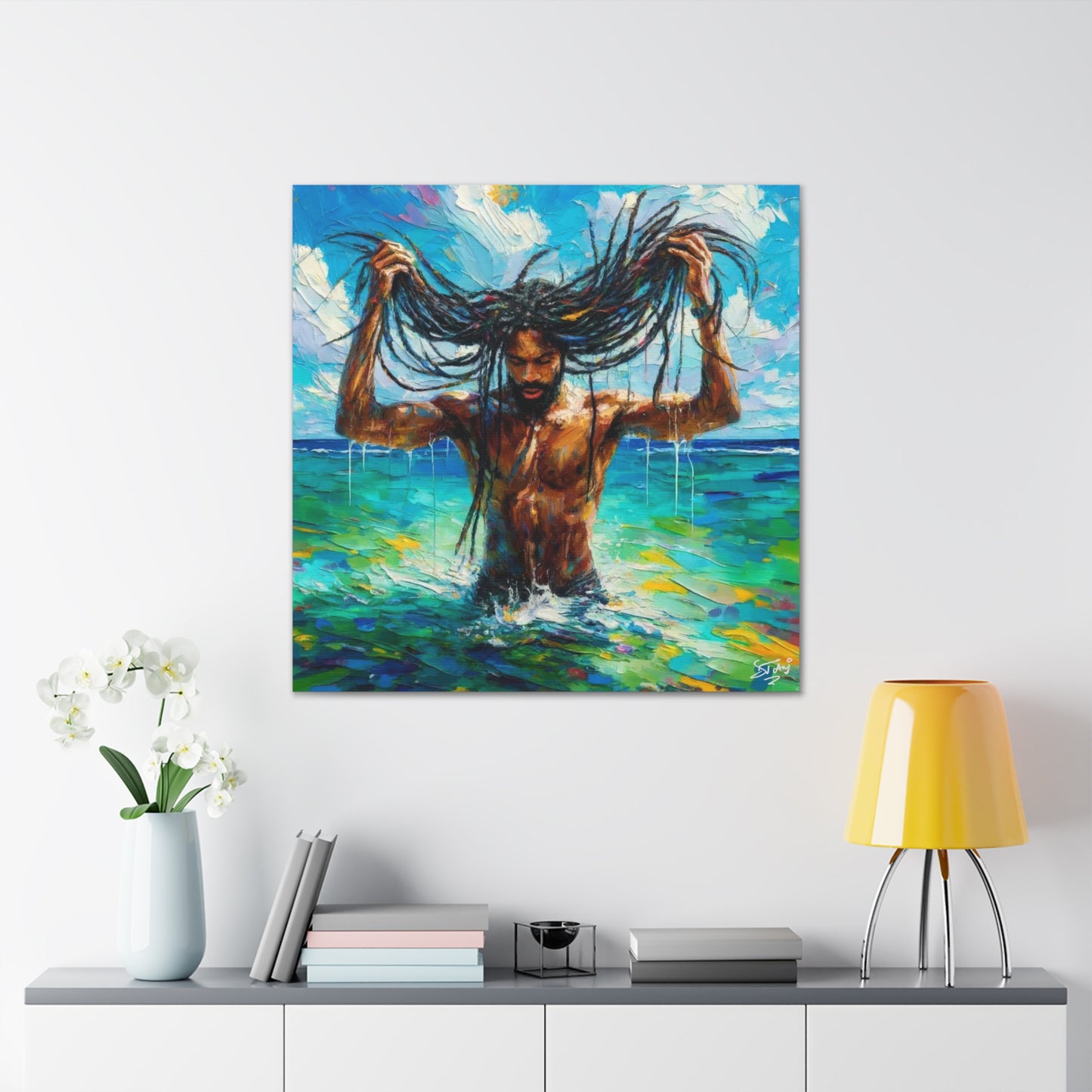 Art Print, Afro-Caribbean Man "Chilling in the Ocean" Oil Finish, West Indian Ethnicity, Cultural, Heritage, Semi-Abstract, Canvas Gallery Wrap