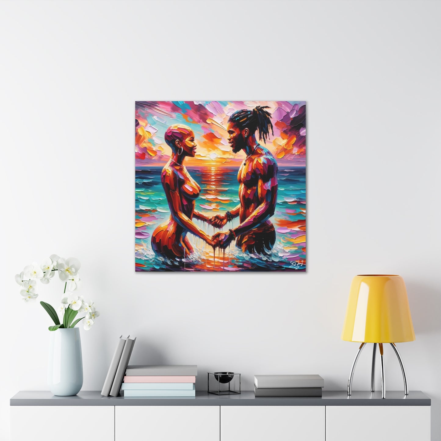 Art Print, Afro-Caribbean Couple "Skinny Dipping," Oil Finish, West Indian Ethnicity, Cultural, Heritage, Semi-Abstract, Canvas Gallery Wrap