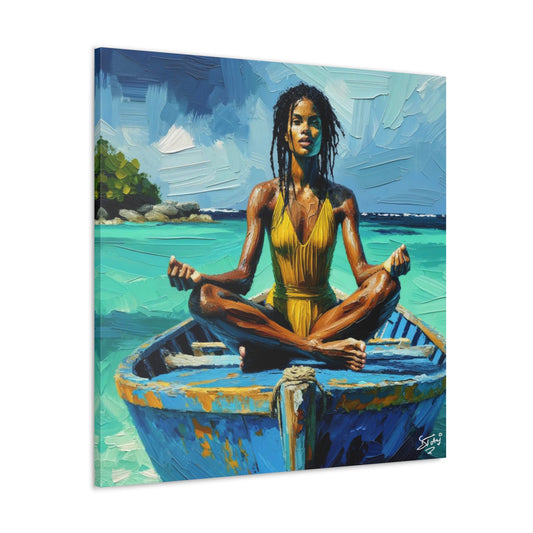 Art Print, Afro-Caribbean Woman "Chilling in the Boat (4)" Oil Finish, West Indian Ethnicity, Cultural, Heritage, Semi-Abstract, Canvas Gallery Wrap