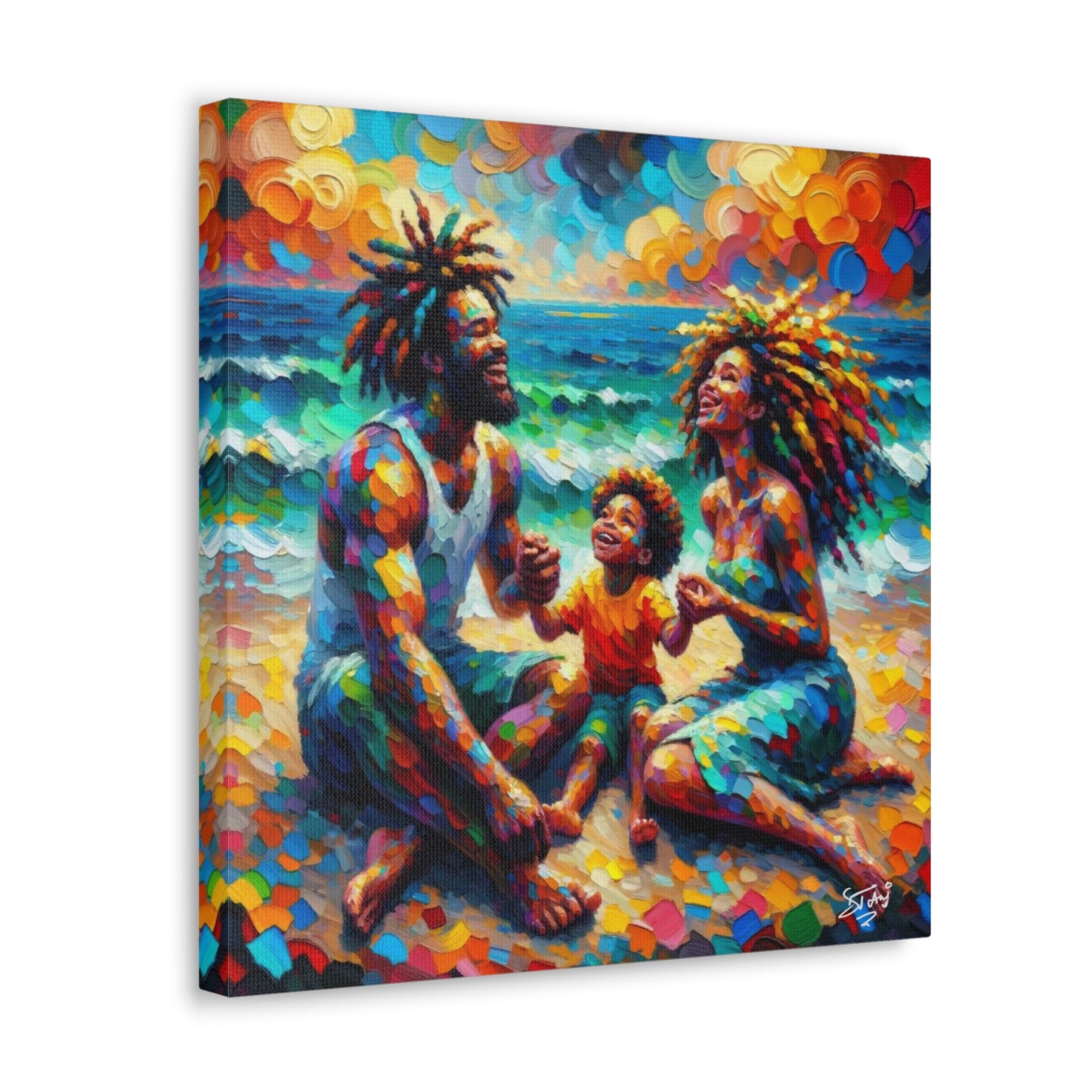 Art Print, Afro-Caribbean Family "Sitting on the Beach," Oil Finish, West Indian Ethnicity, Cultural, Heritage, Semi-Abstract, Canvas Gallery Wrap