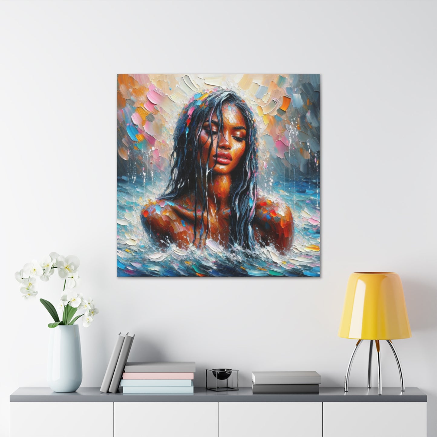 Art Print#2 of Trini Woman - Chilling in the Caribbean Sea, Oil Finish, West Indian Ethnicity, Cultural, Heritage Art, Canvas Gallery Wraps