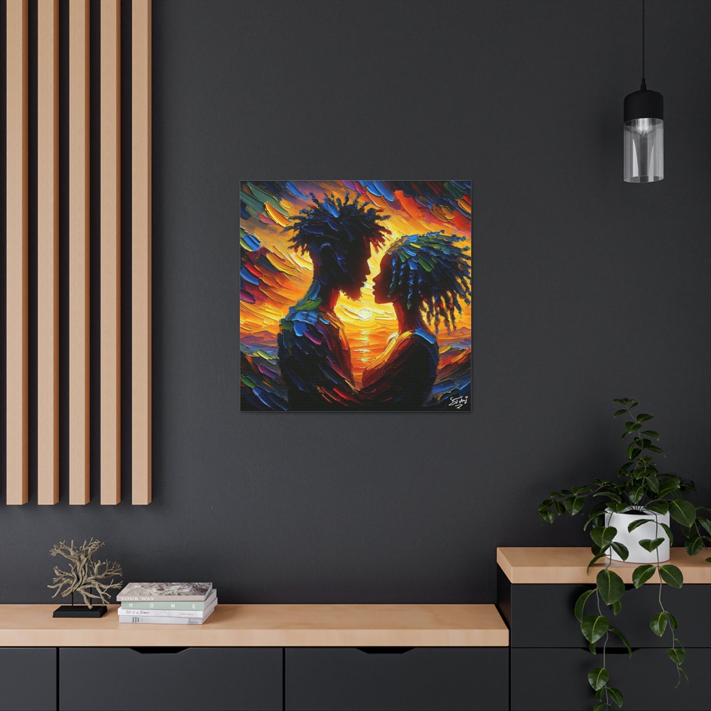 Art Print, Afro-Caribbean Couple in Love, Oil Finish, West Indian Ethnicity, Cultural, Heritage, Semi-Abstract, Canvas Gallery Wrap