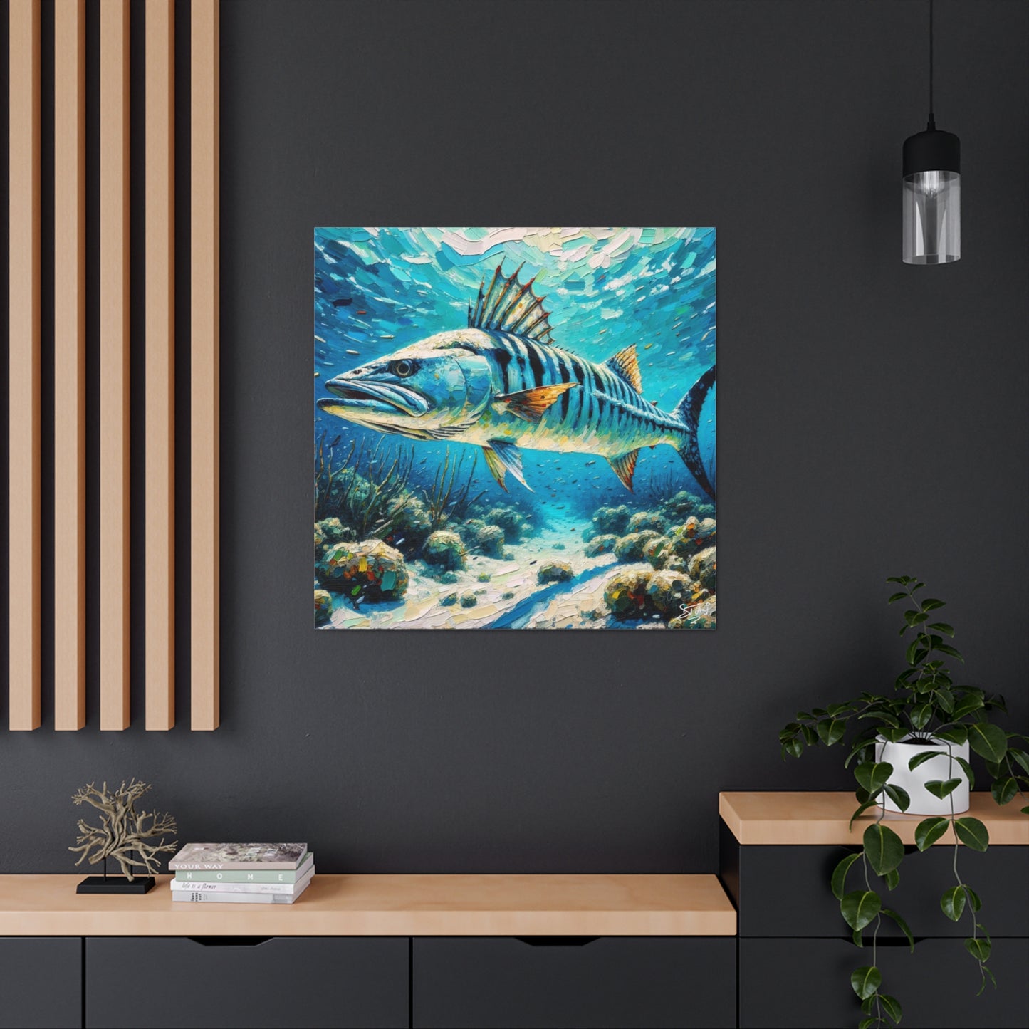 Art Print, Great Barracuda, Oil Finish, Caribbean Nature, Canvas Gallery Wrap