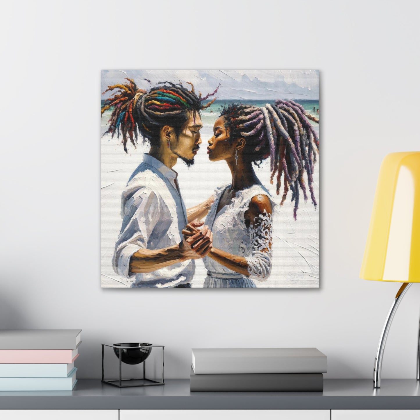 Art Print, Caribbean Couple, "Beach Wedding" Semi-Abstract Oil Finish, West Indian Ethnicity, Cultural, Heritage, Canvas Gallery Wrap