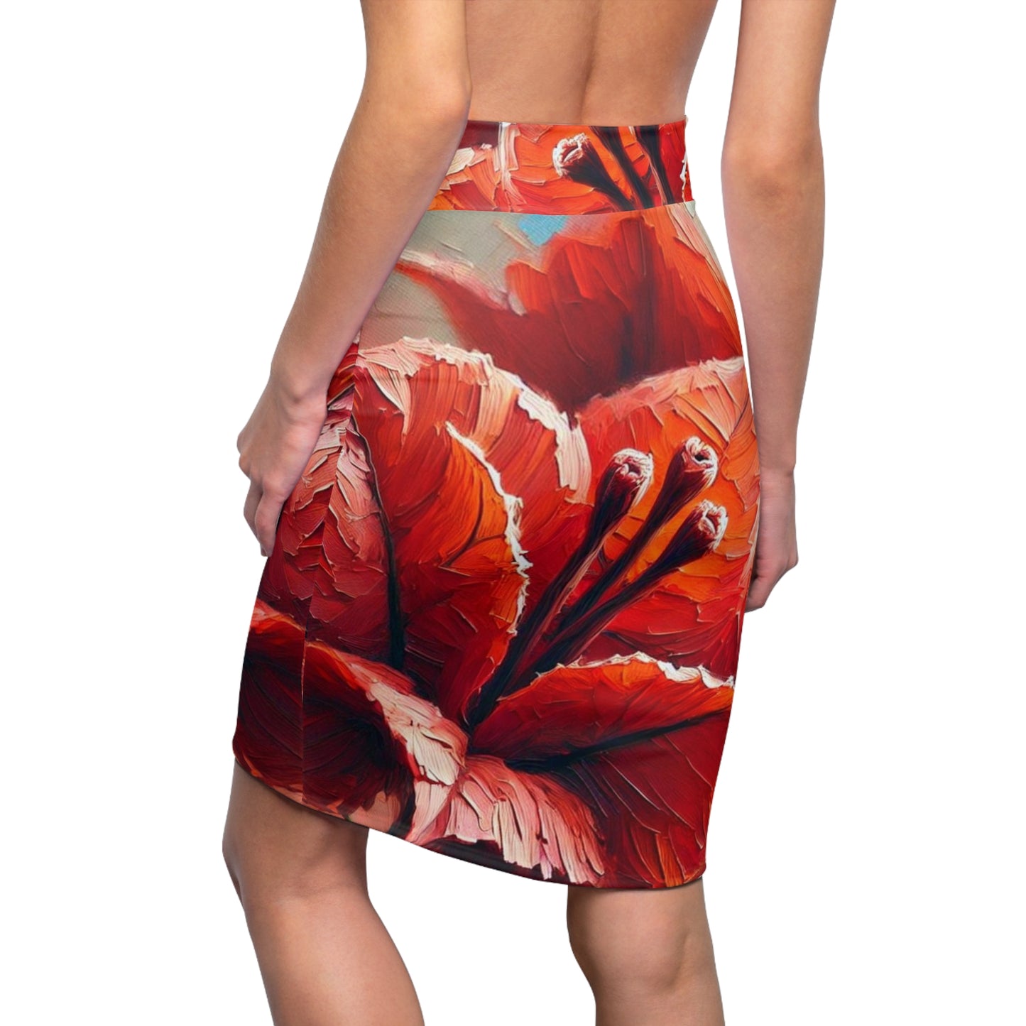 Women's Pencil Skirt (AOP) Red Bougainvillea Print