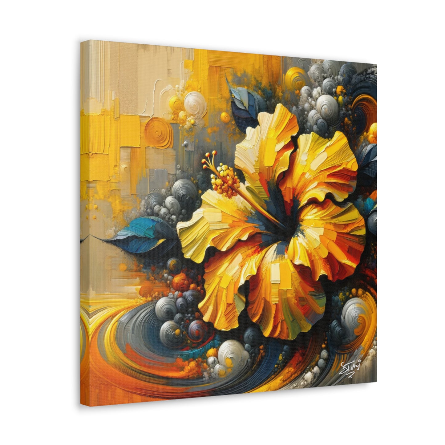 Oil Print#2 of a Yellow Hibiscus Flower, Close-up View, Semi-abstract, Caribbean, Vibrant Vivid Colors, Canvas Gallery Wraps