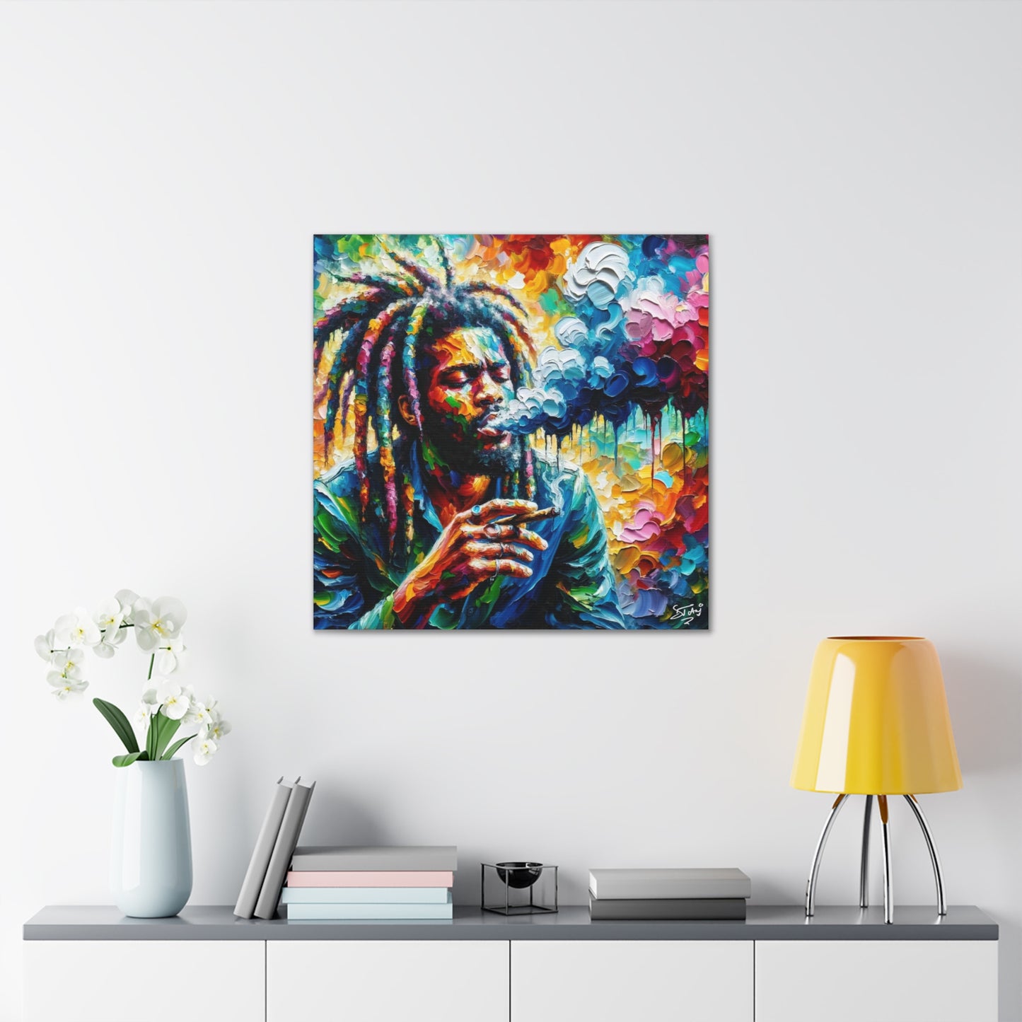 Art Print of Rastaman Smoking, Oil Finish, West Indian Ethnicity, Cultural, Heritage, Afro-Caribbean Man, Semi-Abstract, Canvas Gallery Wrap