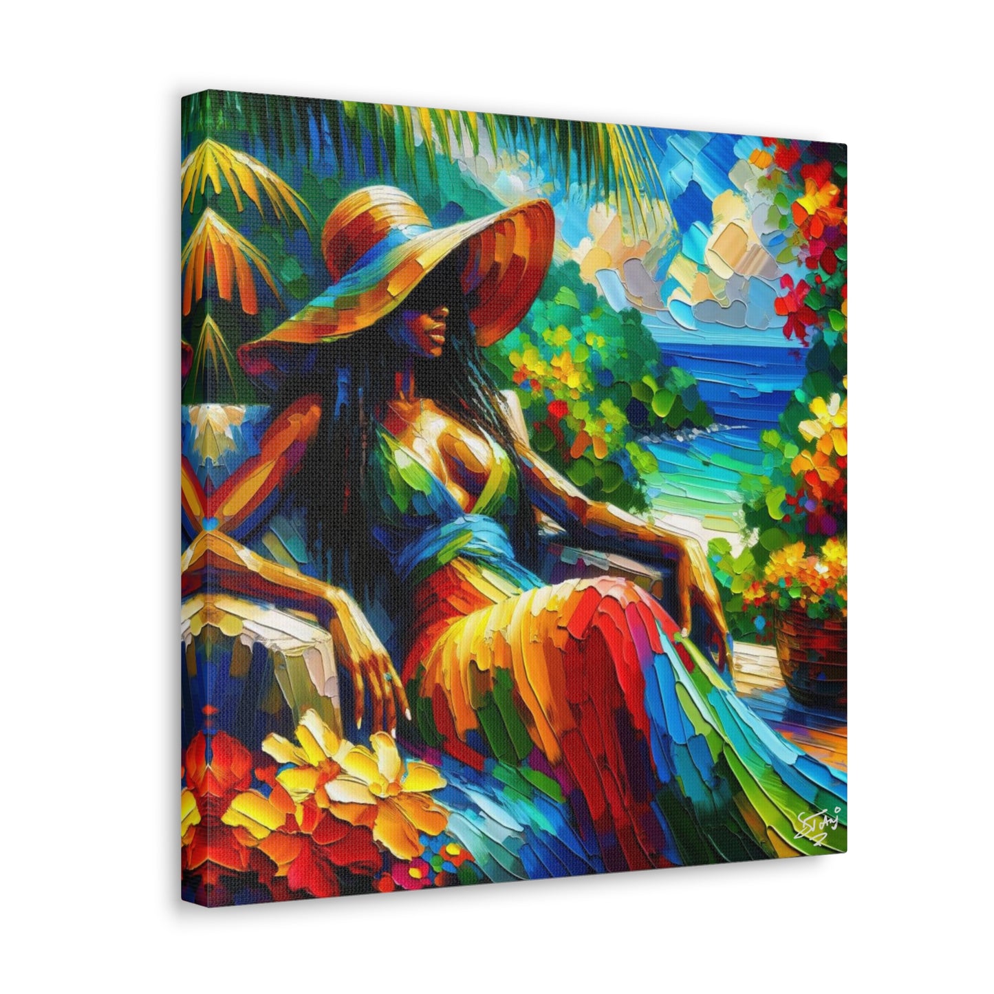 Art Print, Afro-Caribbean Woman, "Relaxing" Oil Finish, West Indian Ethnicity, Cultural, Heritage, Abstract, Canvas Gallery Wrap