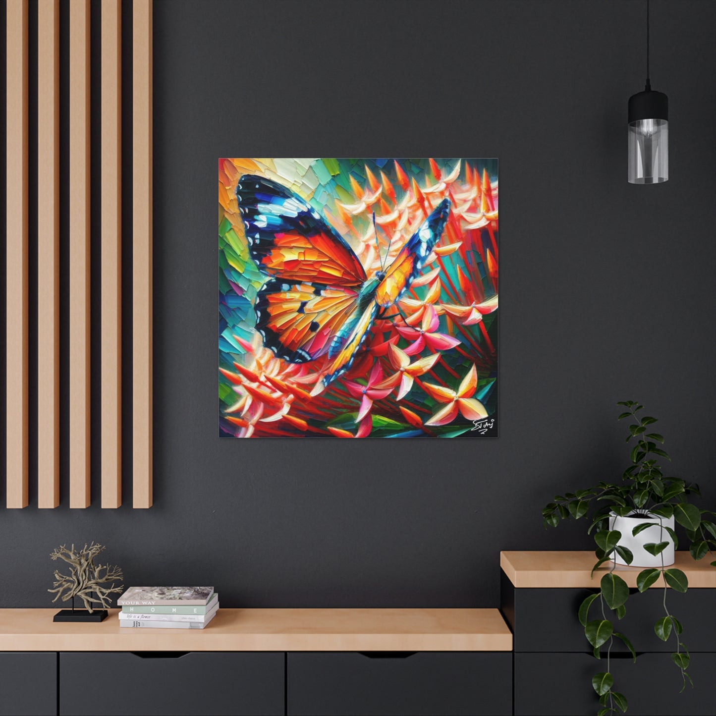 Art Print, Butterfly on Ixoras, Oil Finish, Caribbean Nature, Cultural, Heritage, Semi-Abstract, Canvas Gallery Wrap