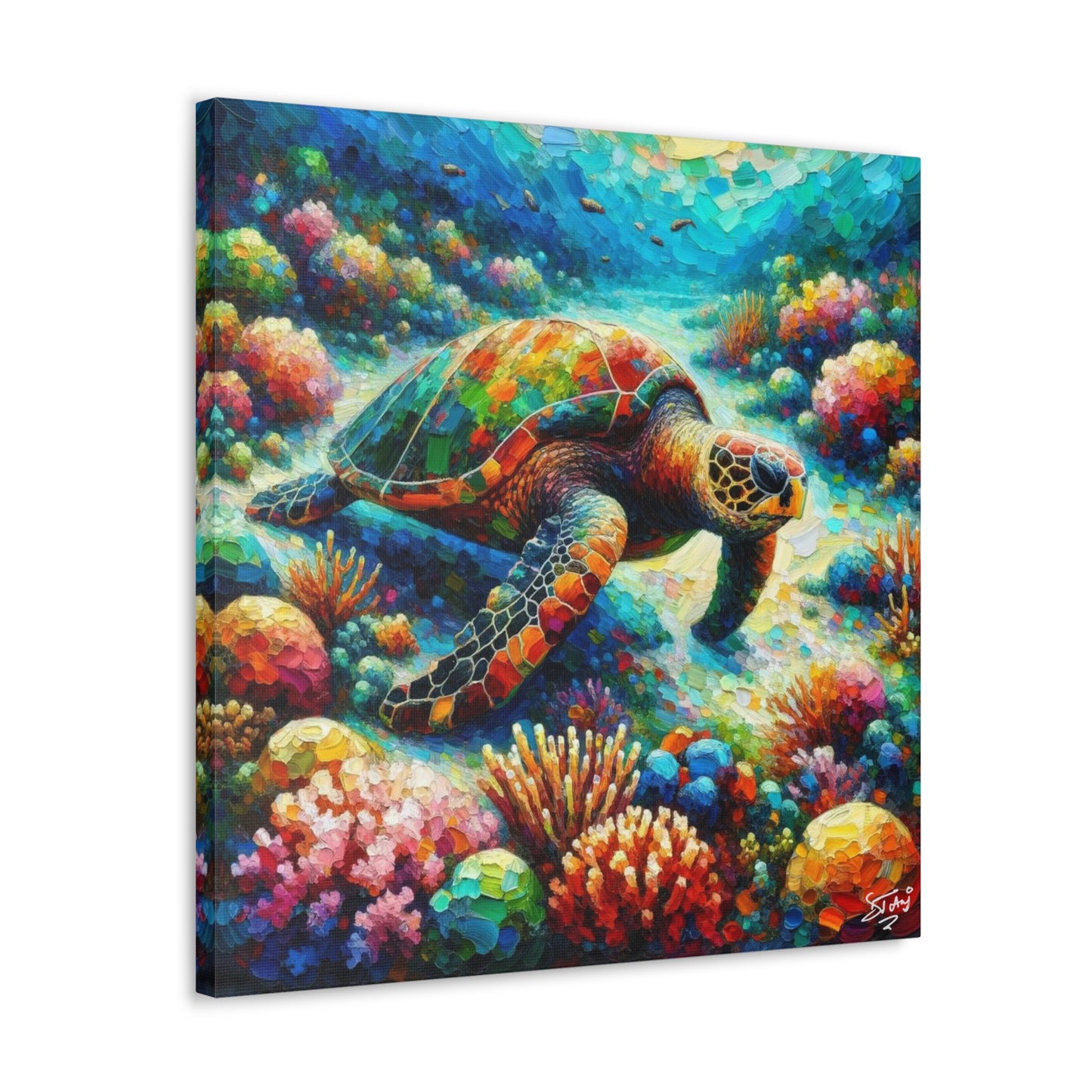 Art Print, Turtle in Reef, Oil Finish, Caribbean Nature, Cultural, Heritage, Semi-Abstract, Canvas Gallery Wrap