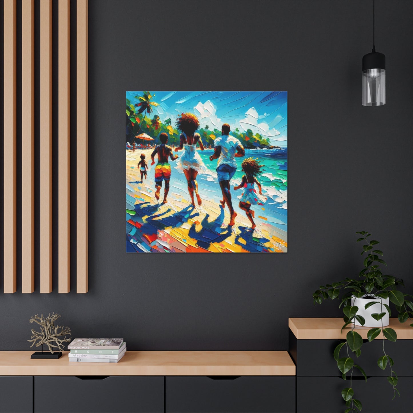 Art Print, Afro-Caribbean Family "Running on the Beach," Oil Finish, West Indian Ethnicity, Cultural, Heritage, Semi-Abstract, Canvas Gallery Wrap