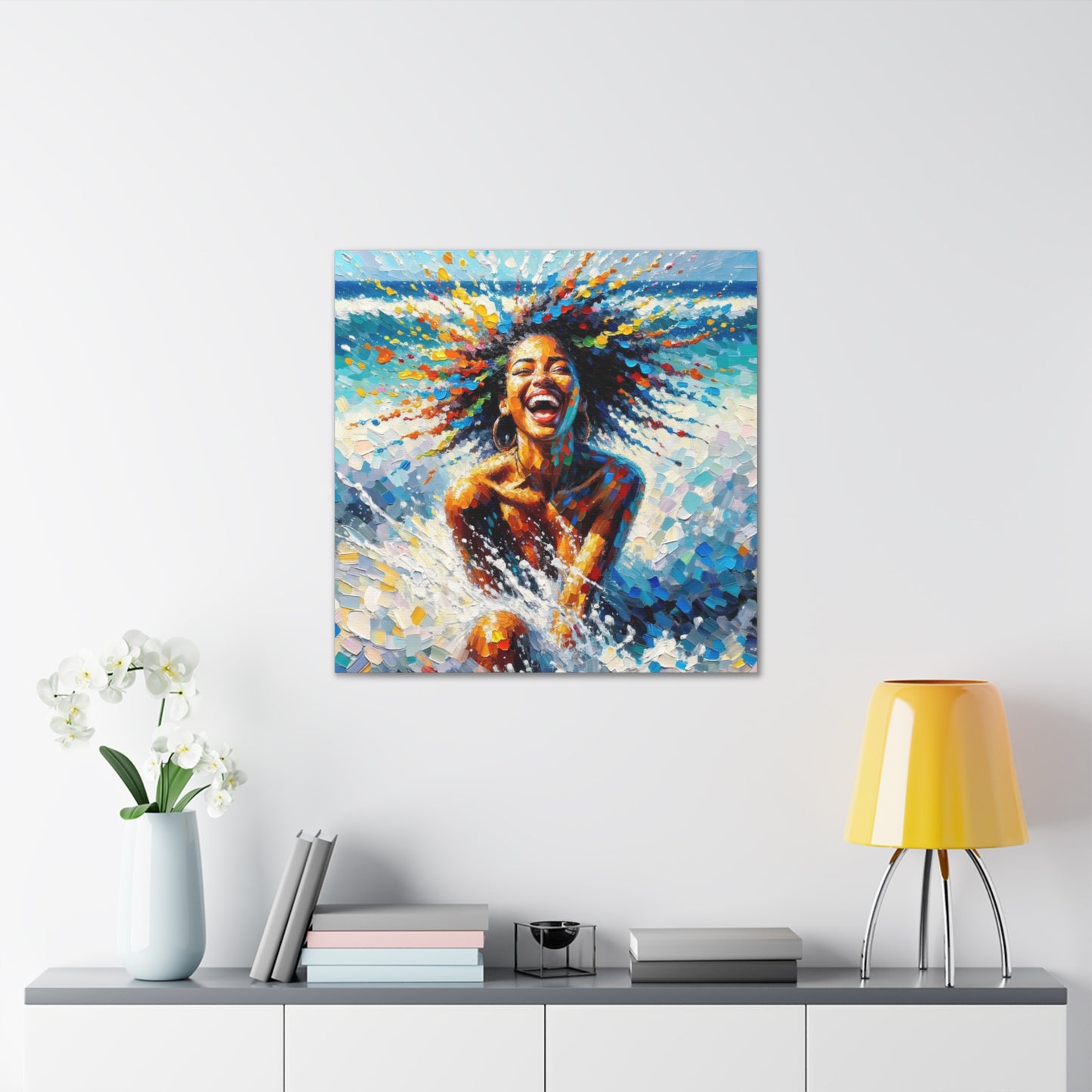 Art Print#3 of Dougla Woman's Exhilaration Captured - Joy, Laughter, Color, Caribbean Sea, Oil Finish, West Indian Art, Canvas Gallery Wraps