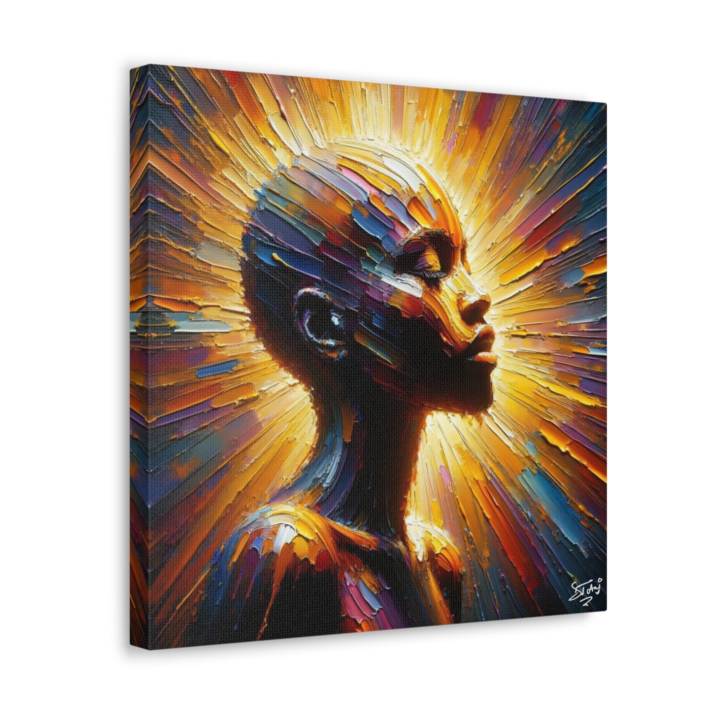 Art Print, Afro-Caribbean Bald Woman, Oil Finish, West Indian Ethnicity, Cultural, Heritage, Semi-Abstract, Canvas Gallery Wrap