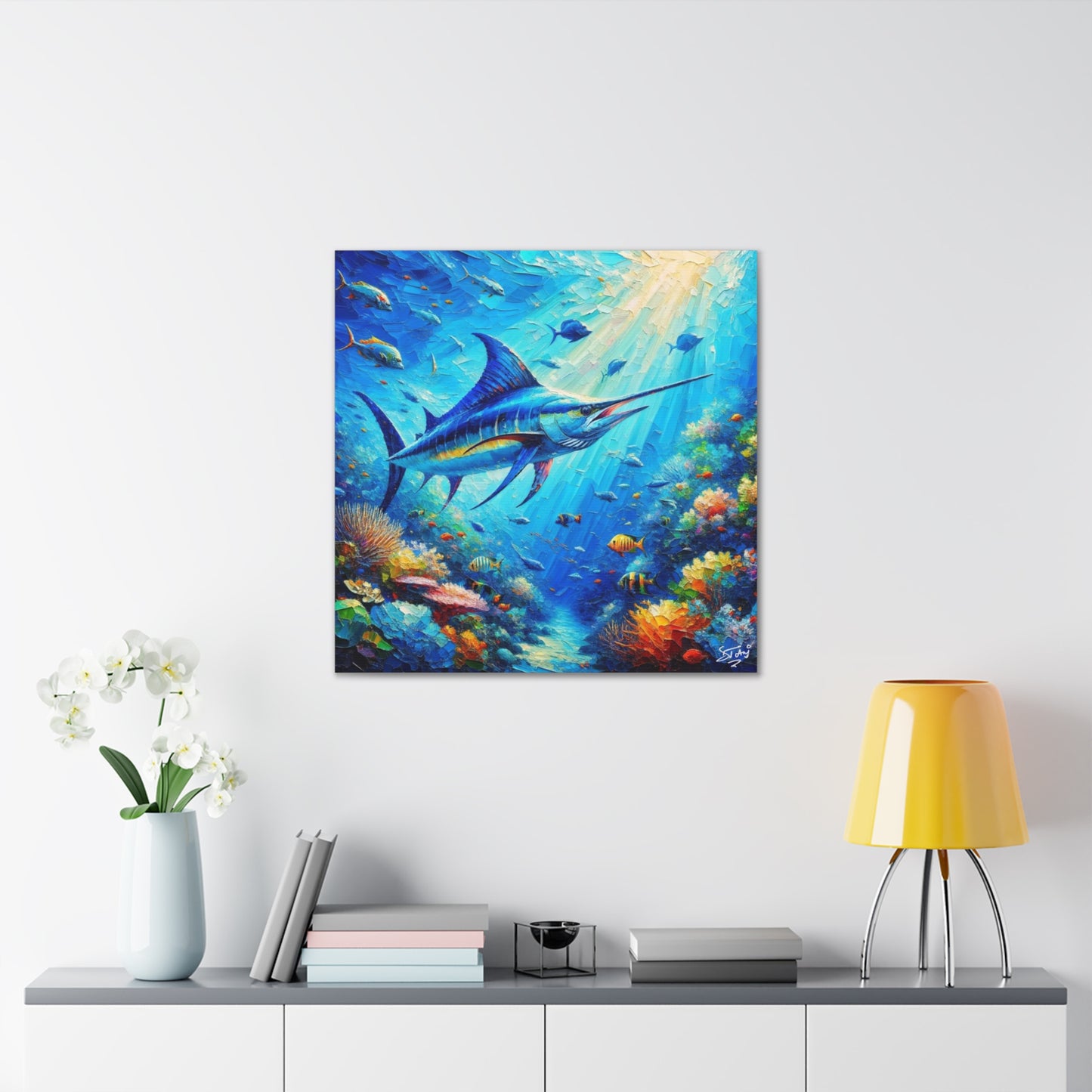 Art Print, Blue Marlin in Coral Reef, Oil Finish, Caribbean Nature, Semi-Abstract, Canvas Gallery Wrap