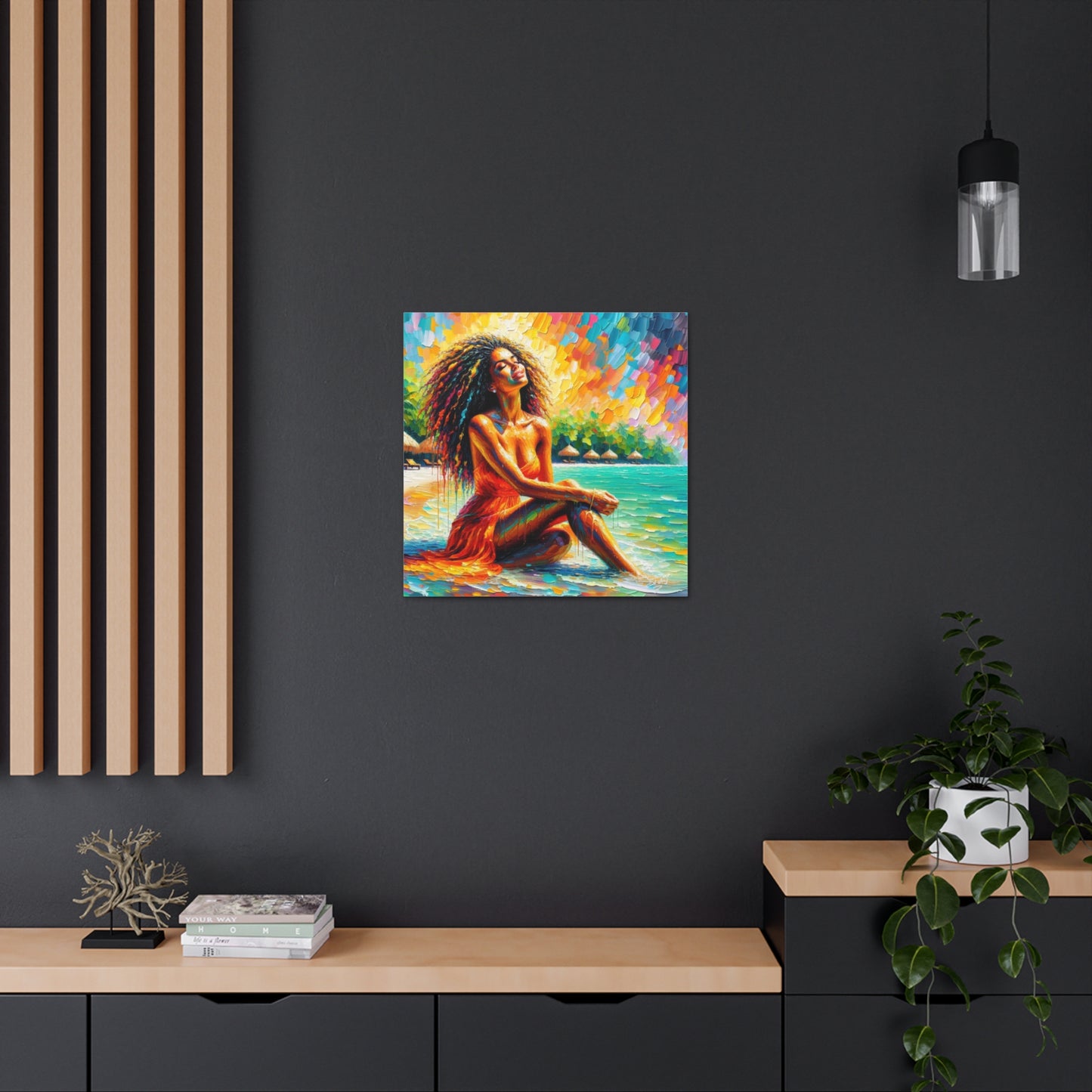 Art Print, Indo-Caribbean Woman, "Chilling on the Beach" Oil Finish, West Indian Ethnicity, Cultural, Heritage, Abstract, Canvas Gallery Wrap