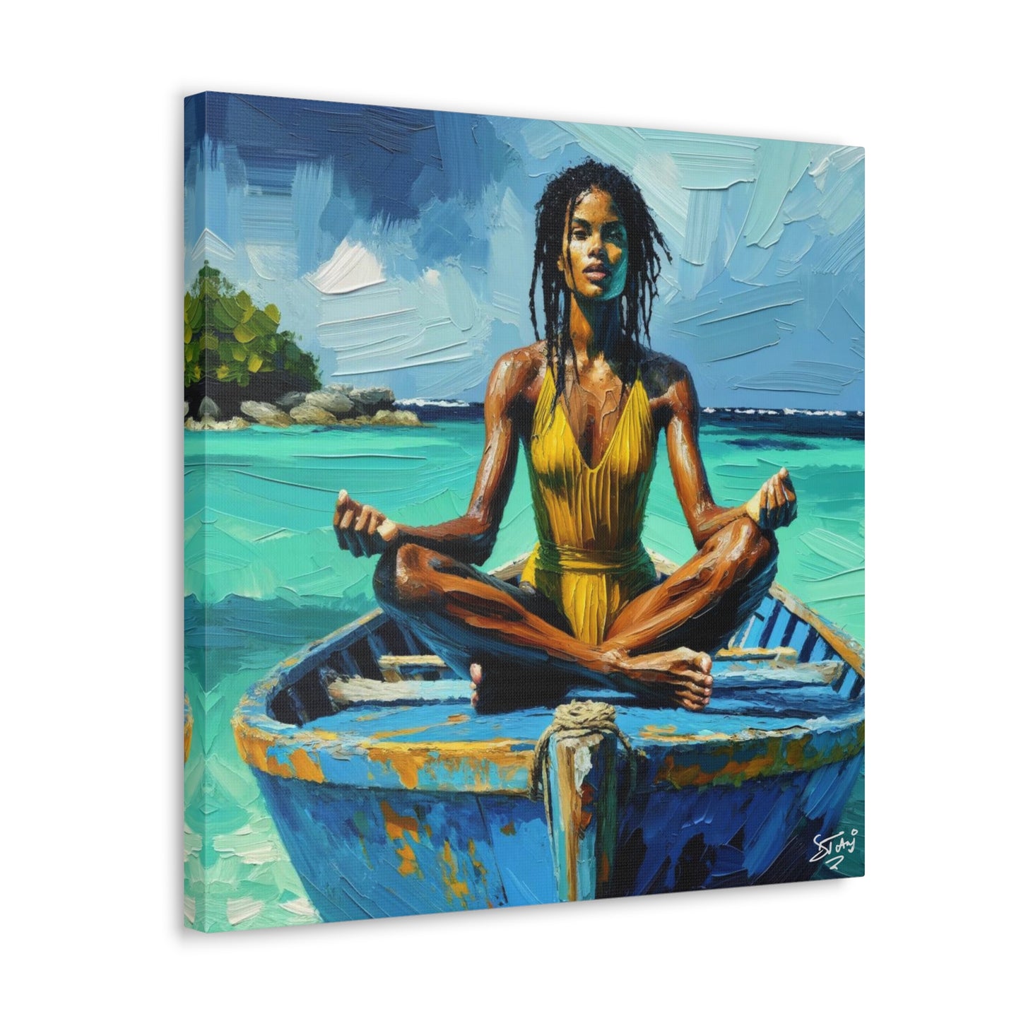 Art Print, Afro-Caribbean Woman "Chilling in the Boat (4)" Oil Finish, West Indian Ethnicity, Cultural, Heritage, Semi-Abstract, Canvas Gallery Wrap