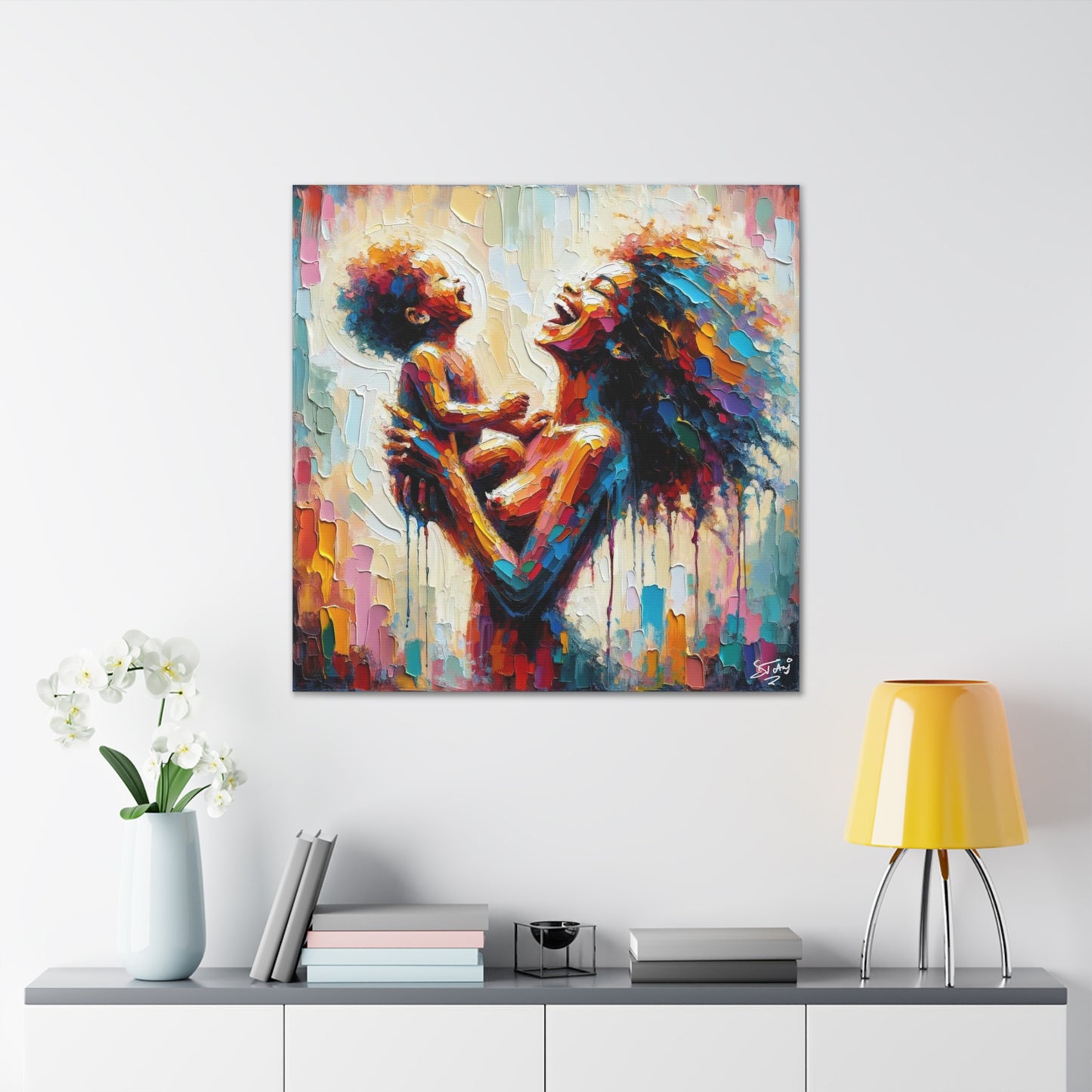 Art Print, Afro-Caribbean Woman & Child, Oil Finish, West Indian Ethnicity, Cultural, Heritage, Semi-Abstract, Canvas Gallery Wrap