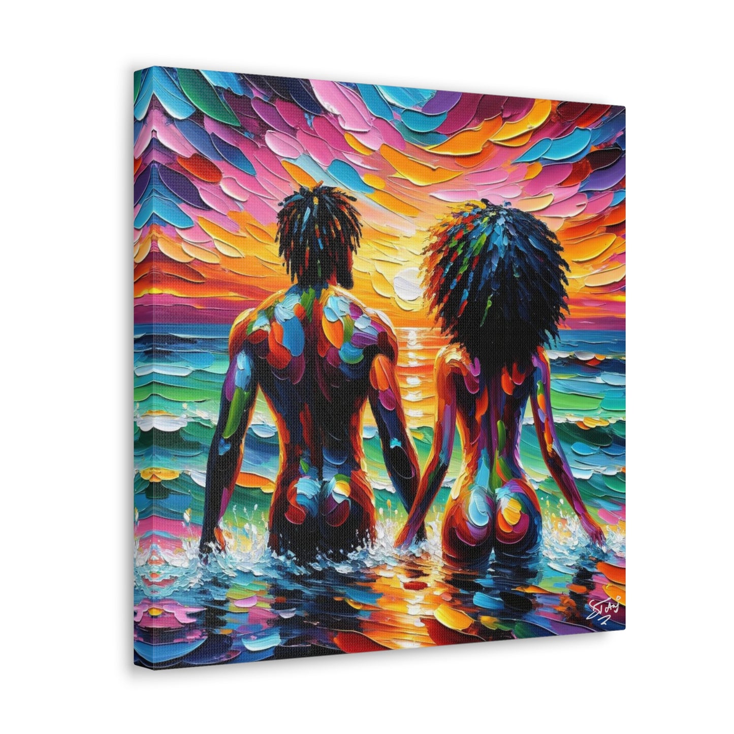 Art Print, Afro-Caribbean Couple "Skinny Dipping," Oil Finish, West Indian Ethnicity, Cultural, Heritage, Semi-Abstract, Canvas Gallery Wrap