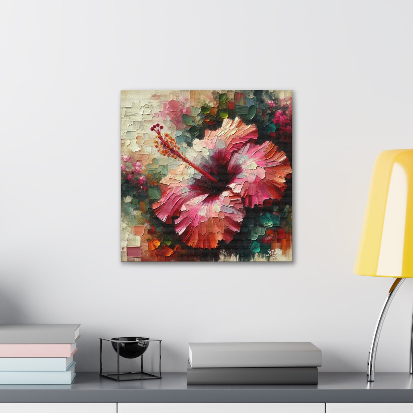 Oil Print#3 of a Pink Hibiscus Flower, Close-up View, Semi-abstract, Caribbean, Vibrant Vivid Colors, Canvas Gallery Wraps