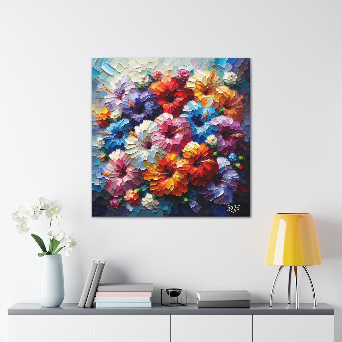 Print of Hibiscus Flower Arrangement, Semi-abstract, Oil Paint finish, Caribbean, Tropical, Canvas Gallery Wraps