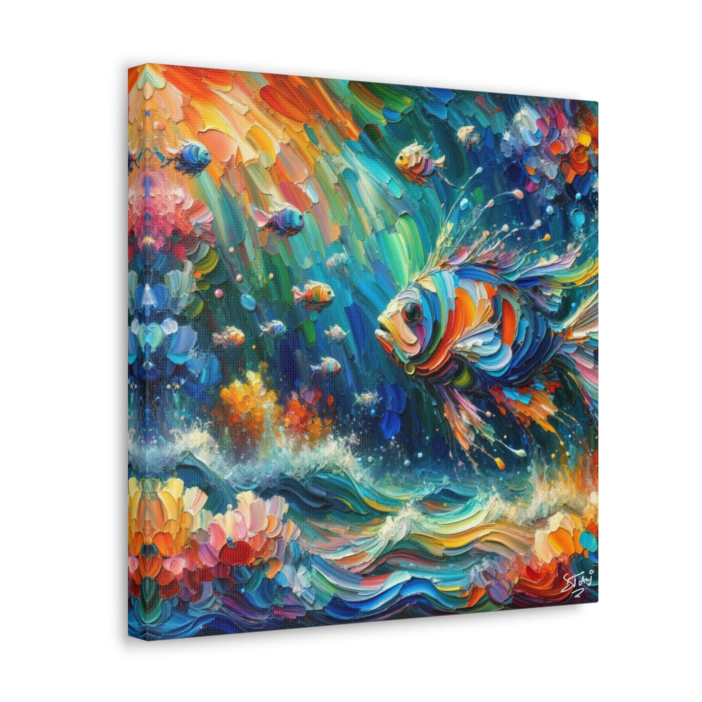 Art Print, Fishes in Coral Reef, Oil Finish, Caribbean Nature, Semi-Abstract, Canvas Gallery Wrap