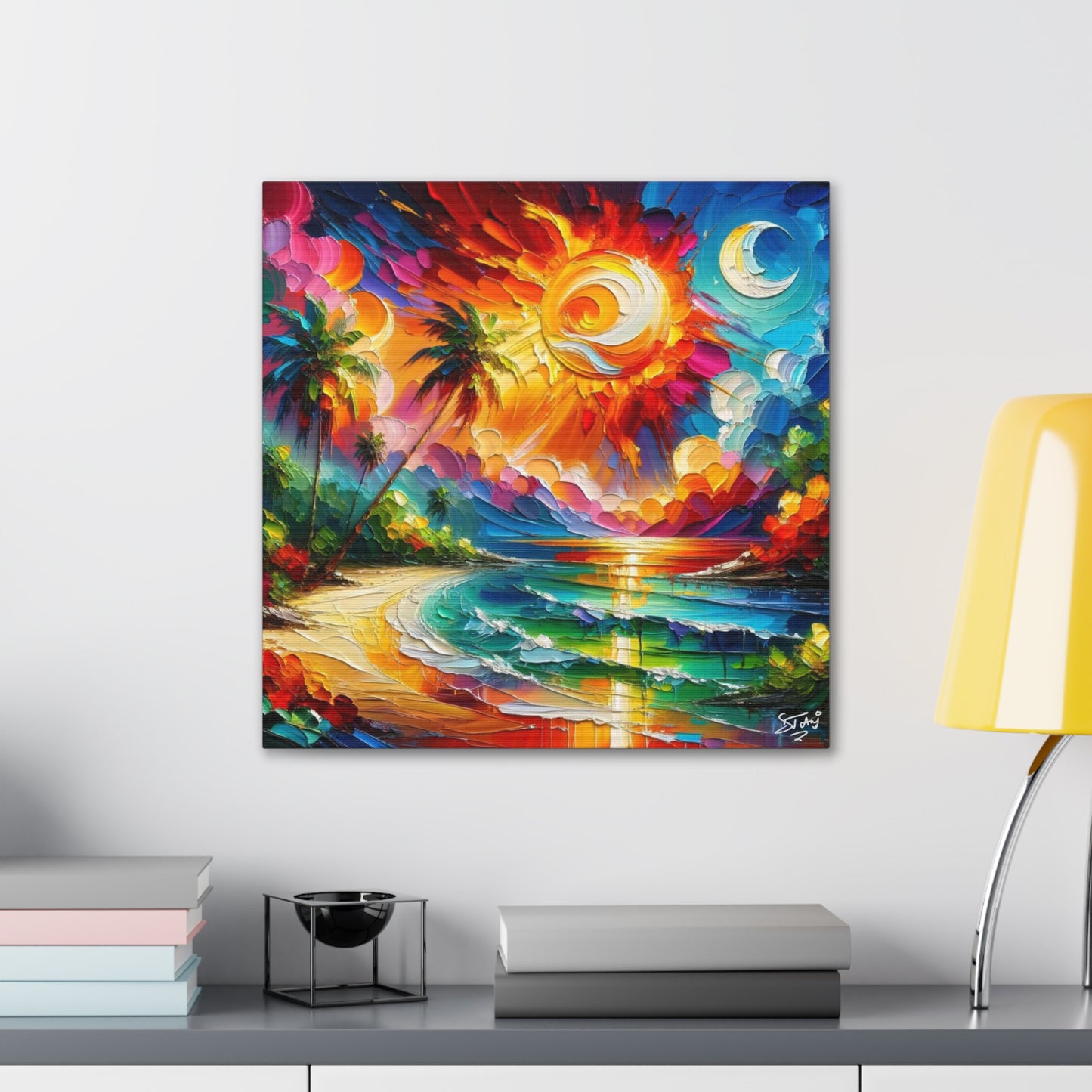 Art Print of Caribbean Sunset Scene, Semi-Abstract, Oil Painting, West Indian Art, Canvas Gallery Wraps