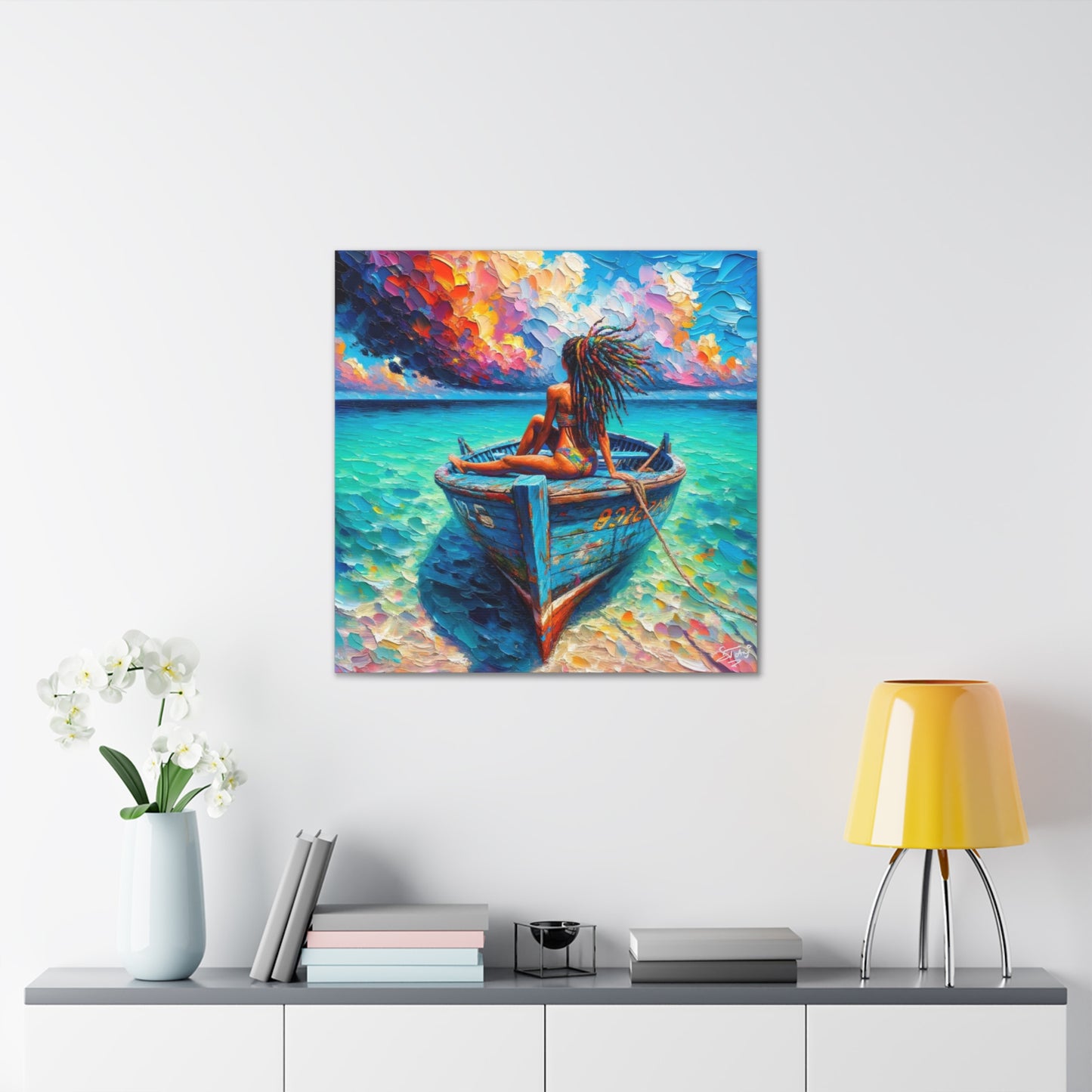 Art Print, Afro-Caribbean Woman "Chilling in the Boat (2)" Oil Finish, West Indian Ethnicity, Cultural, Heritage, Semi-Abstract, Canvas Gallery Wrap