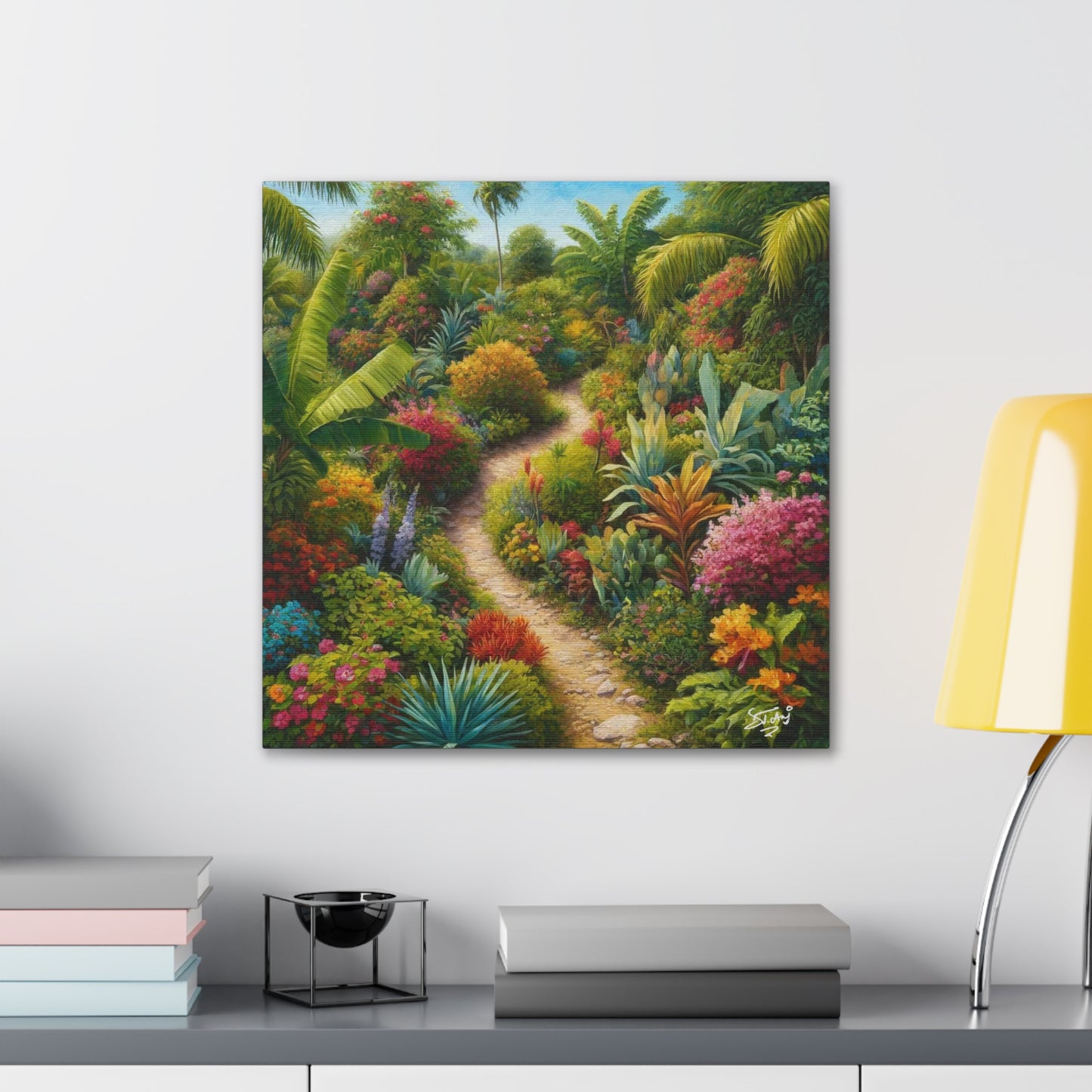 Art Print of Tropical Flower Garden, Oil Finish, West Indian Art, Canvas Gallery Wraps