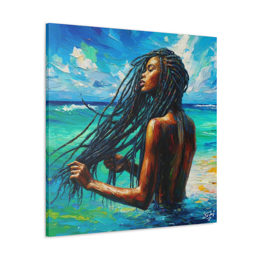 Art Print, Afro-Caribbean Woman "Chilling in the Ocean" Oil Finish, West Indian Ethnicity, Cultural, Heritage, Semi-Abstract, Canvas Gallery Wrap