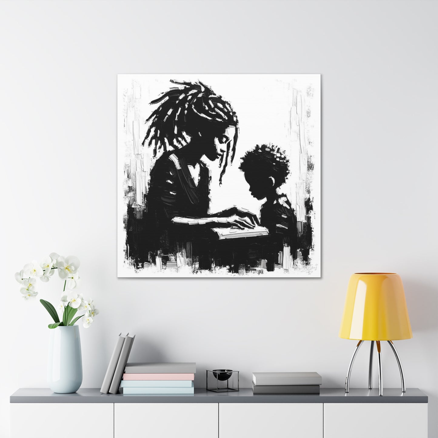 Art Print, Afro-Caribbean Mother & Son, Oil Finish, West Indian Ethnicity, Cultural, Heritage, Semi-Abstract, Canvas Gallery Wrap