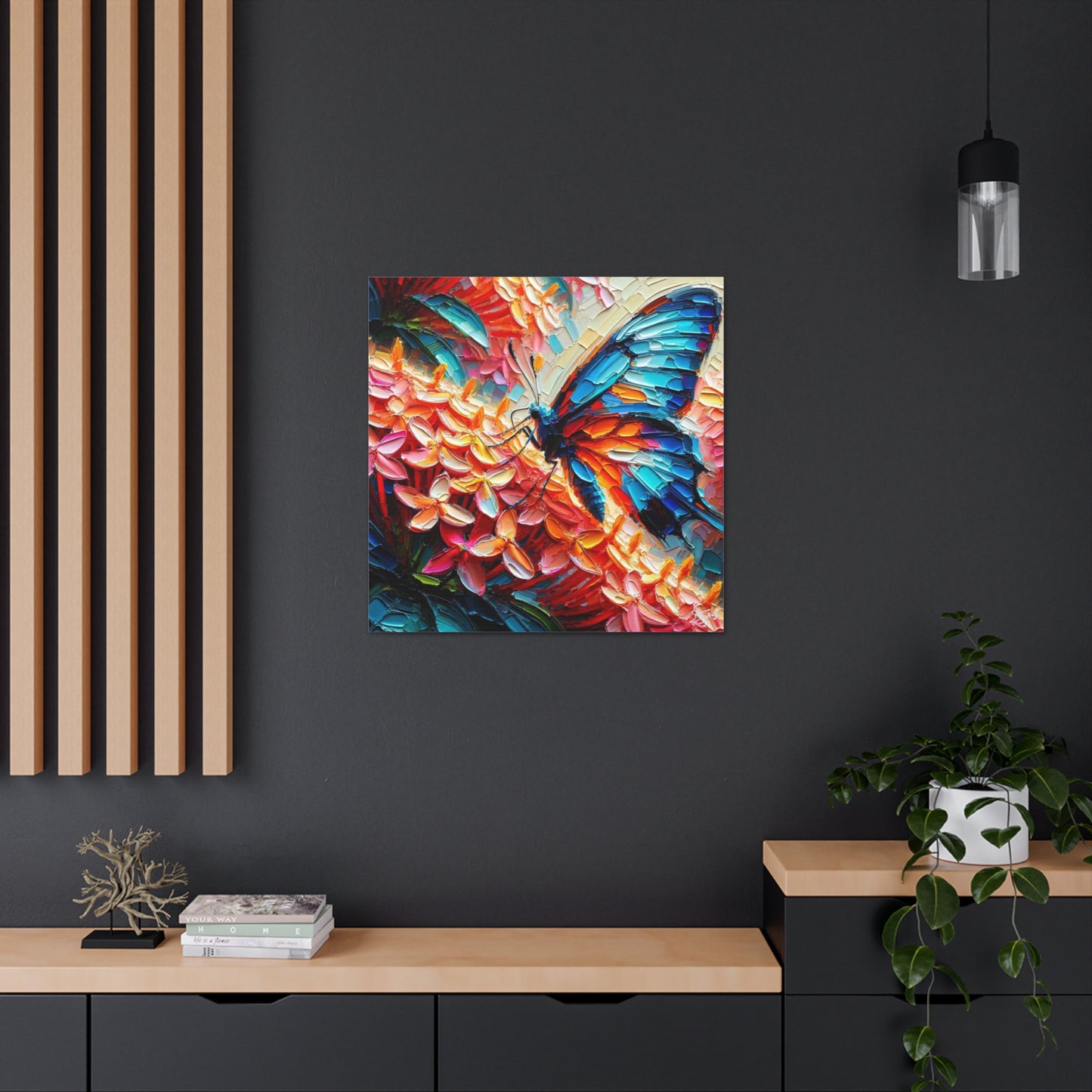 Art Print, Butterfly on Ixoras, Oil Finish, Caribbean Nature, Cultural, Heritage, Semi-Abstract, Canvas Gallery Wrap