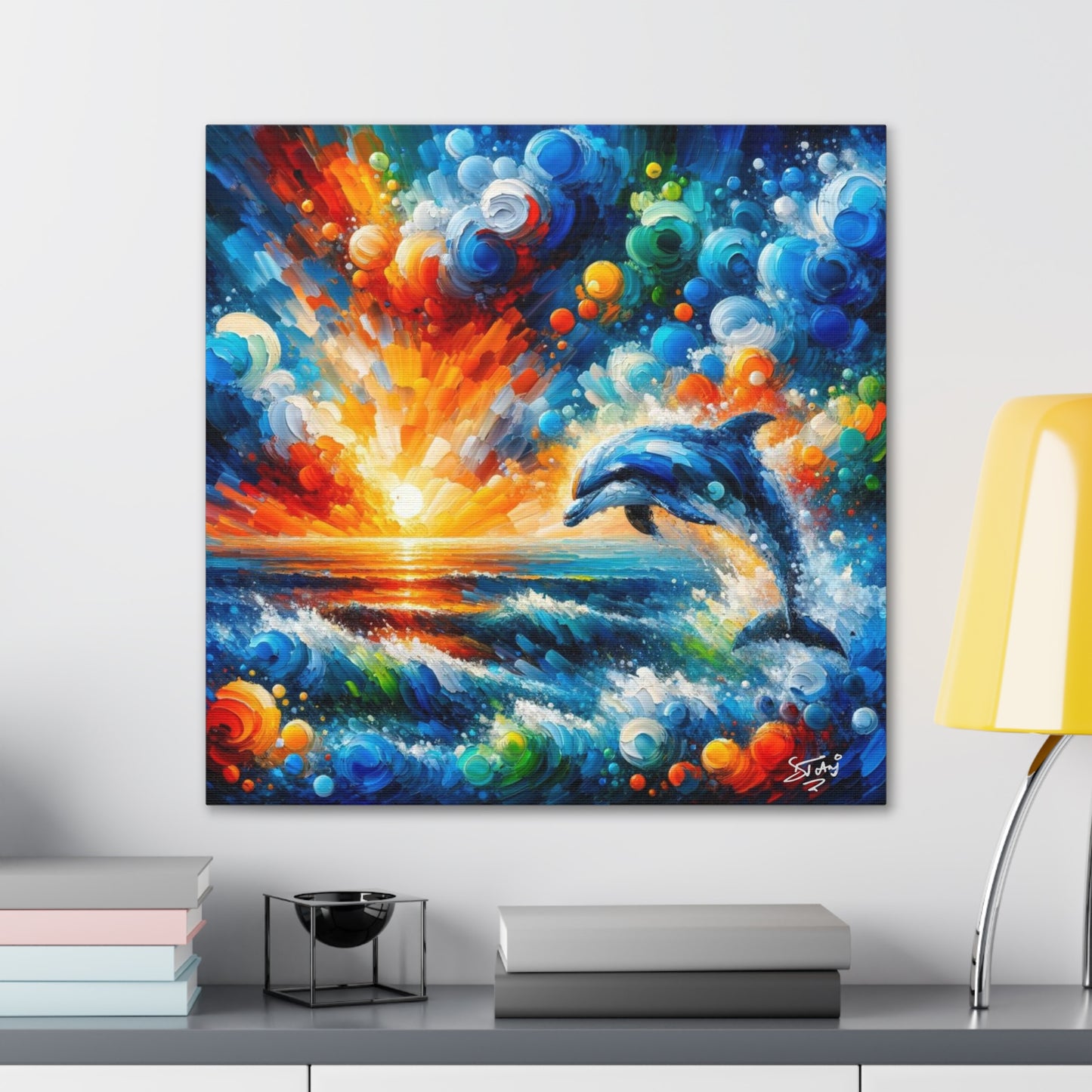 Art Print, Dolphin at Sunset, Abstract Oil Finish, Caribbean Nature, Canvas Gallery Wrap