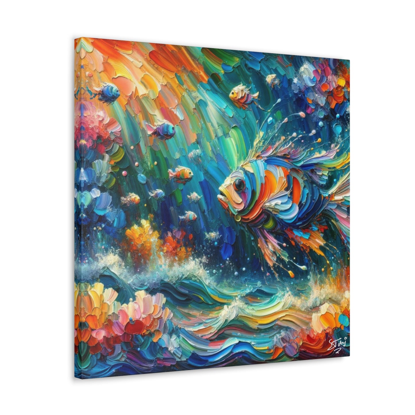 Art Print, Fishes in Coral Reef, Oil Finish, Caribbean Nature, Semi-Abstract, Canvas Gallery Wrap