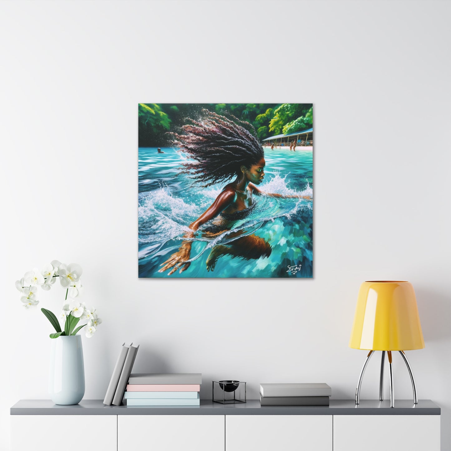 Art Print, Afro-Caribbean Woman, "Sea Bath" Abstract, Oil Finish, West Indian Ethnicity, Cultural, Heritage, Abstract, Canvas Gallery Wrap