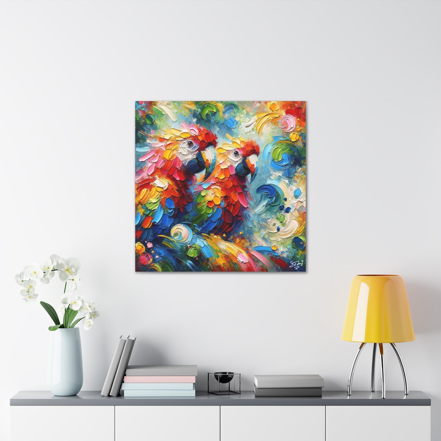 Art Print, The Parrots, Oil Finish, Caribbean Nature, Cultural, Heritage, Semi-Abstract, Canvas Gallery Wrap