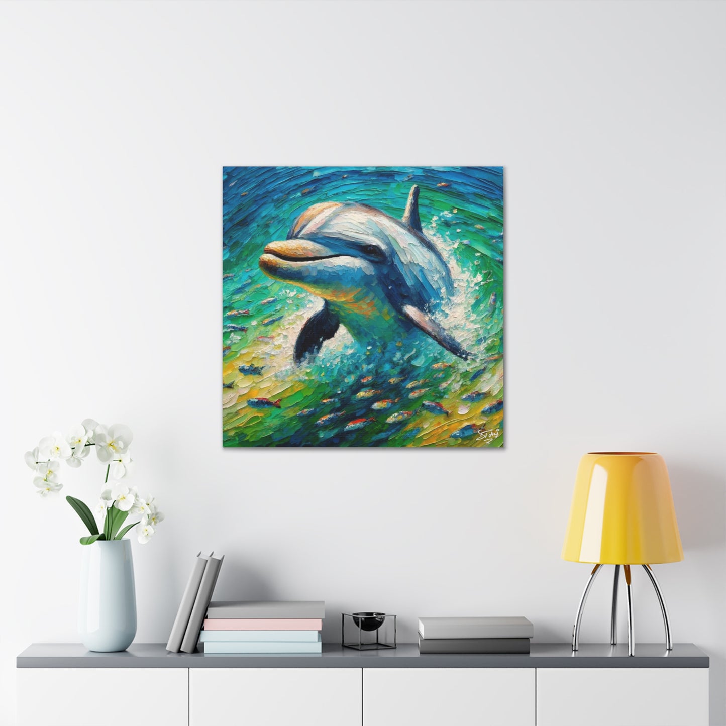 Art Print, Dolphin in the Caribbean Sea, Oil Finish, Caribbean Nature, Canvas Gallery Wrap