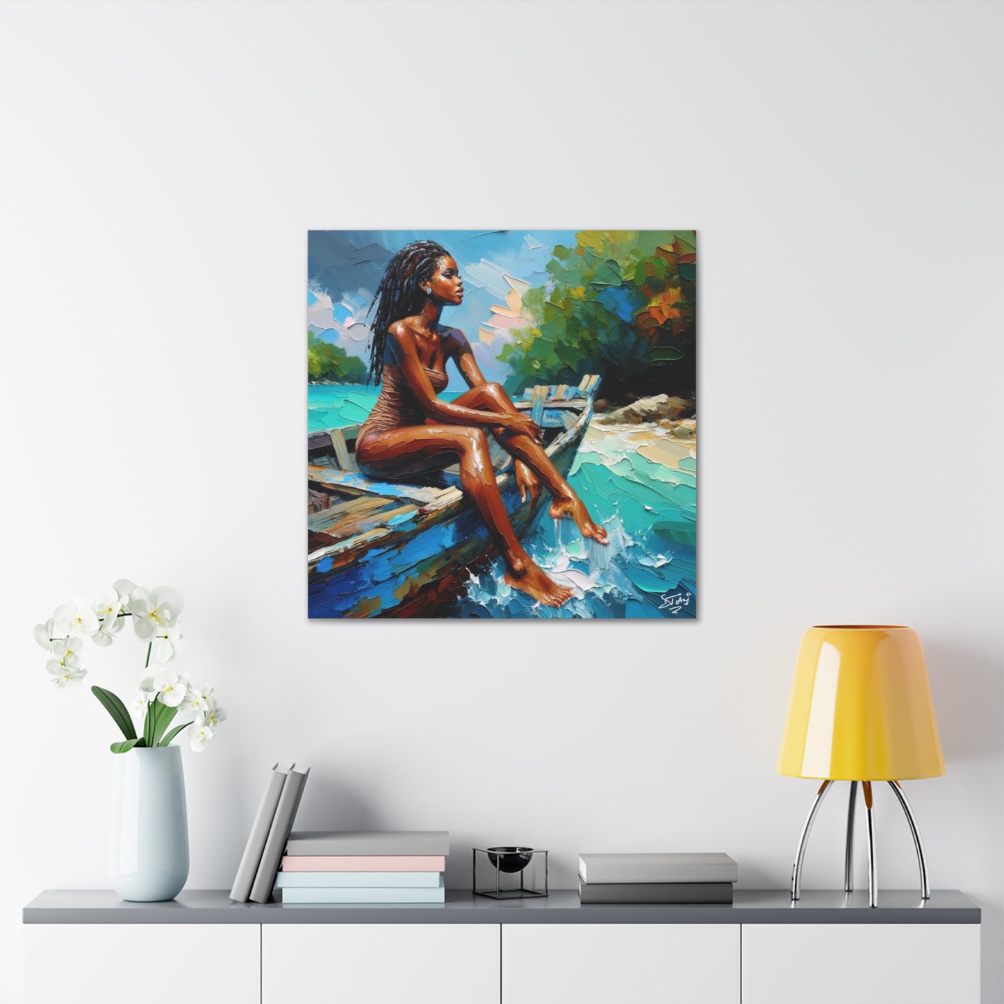 Art Print, Afro-Caribbean Woman "Chilling in the Boat (3)" Oil Finish, West Indian Ethnicity, Cultural, Heritage, Semi-Abstract, Canvas Gallery Wrap