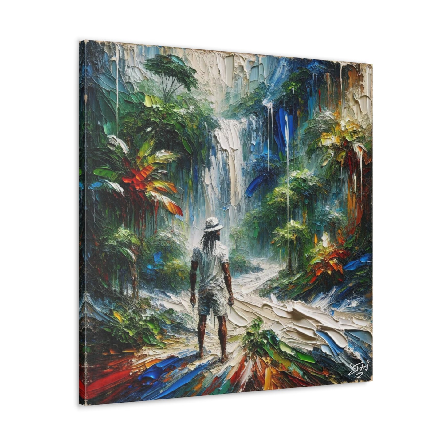 Art Print of Caribbean Man at Waterfall, West Indian Art, Canvas Gallery Wraps