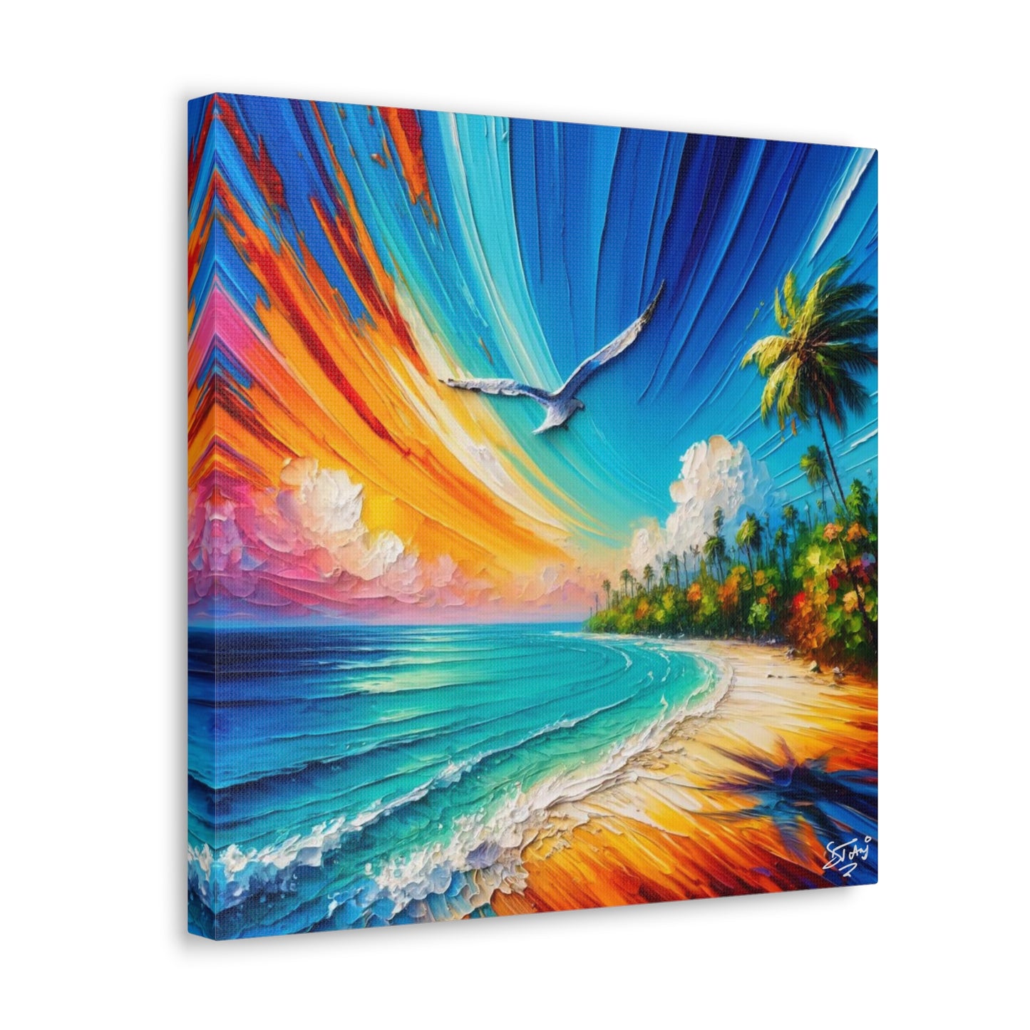 Art Print, "Bird Enjoying View," Oil Finish, Caribbean Nature, Cultural, Heritage, Semi-Abstract, Canvas Gallery Wrap