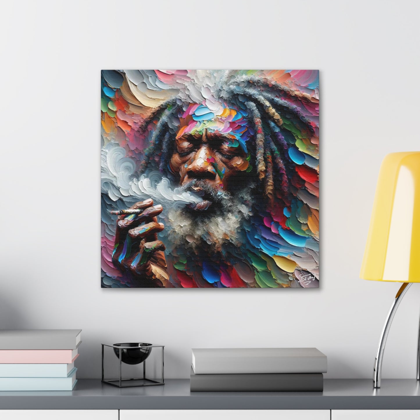 Art Print, "Rastaman Live Up (2)" Oil Finish, West Indian Ethnicity, Cultural, Heritage, Semi-Abstract, Canvas Gallery Wrap