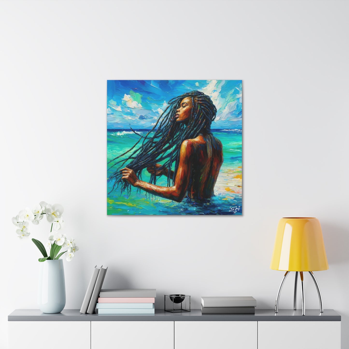 Art Print, Afro-Caribbean Woman "Chilling in the Ocean" Oil Finish, West Indian Ethnicity, Cultural, Heritage, Semi-Abstract, Canvas Gallery Wrap